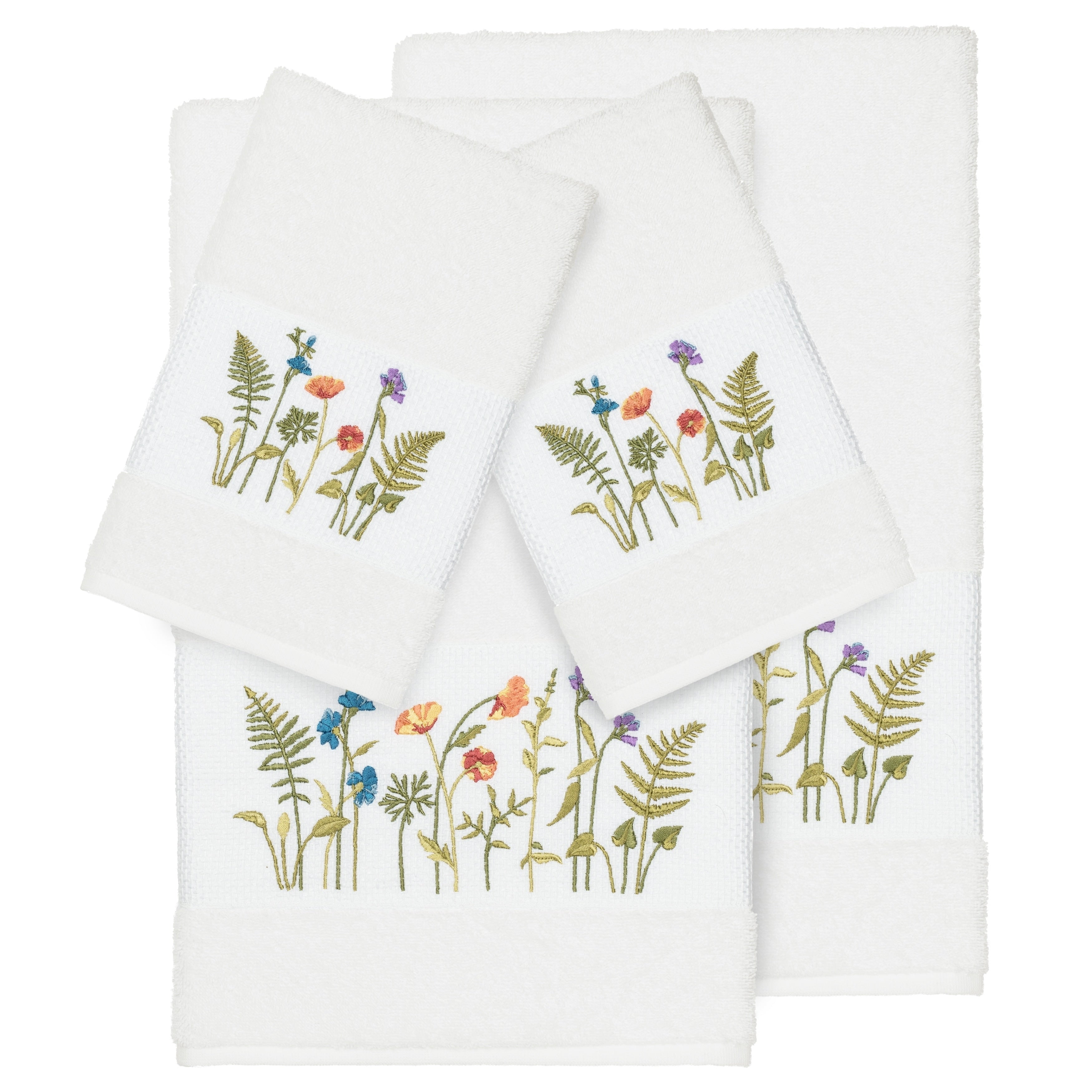 Authentic Hotel And Spa White Turkish Cotton Wildflowers Embroidered 4 Piece Towel Set