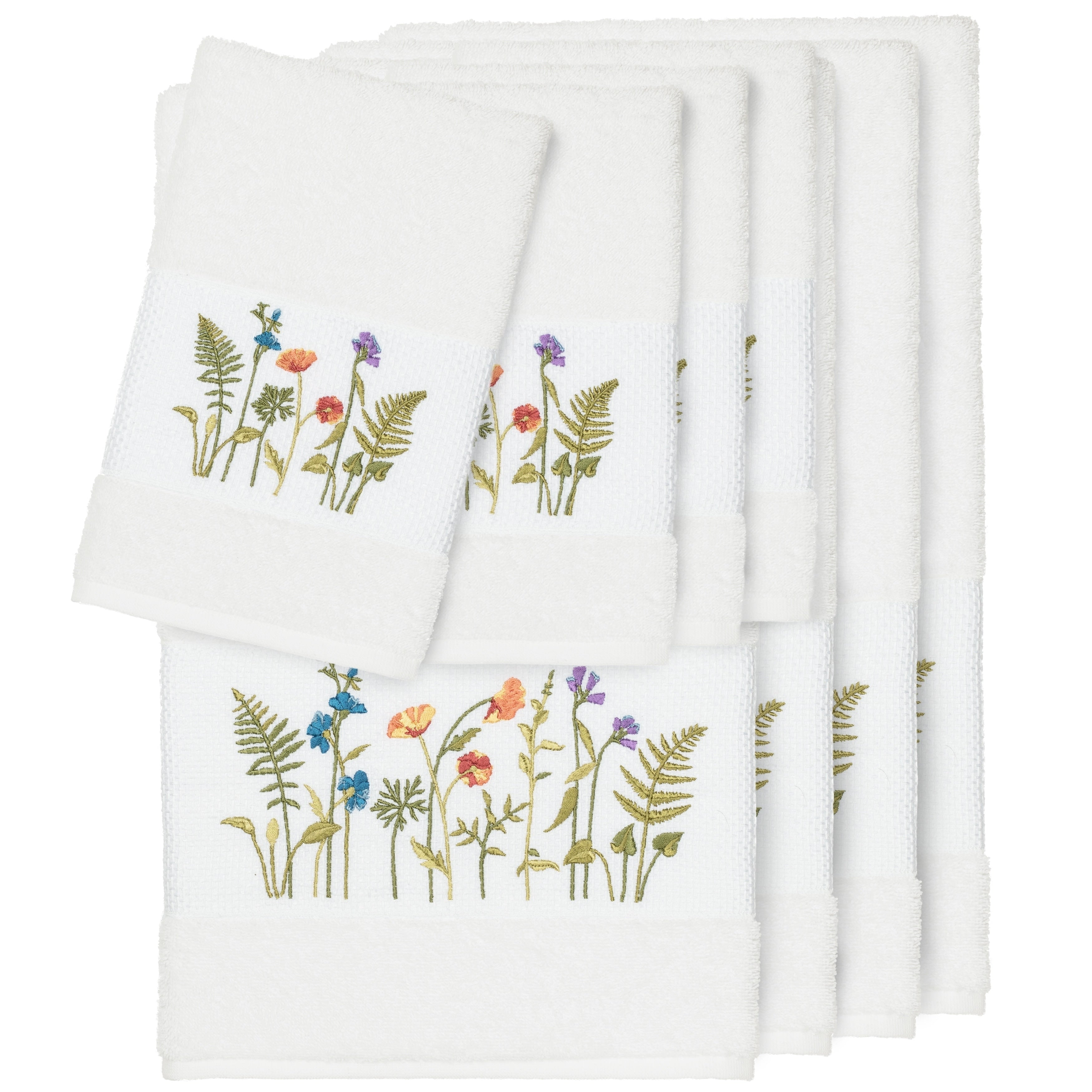 Authentic Hotel And Spa White Turkish Cotton Wildflowers Embroidered 8 Piece Towel Set