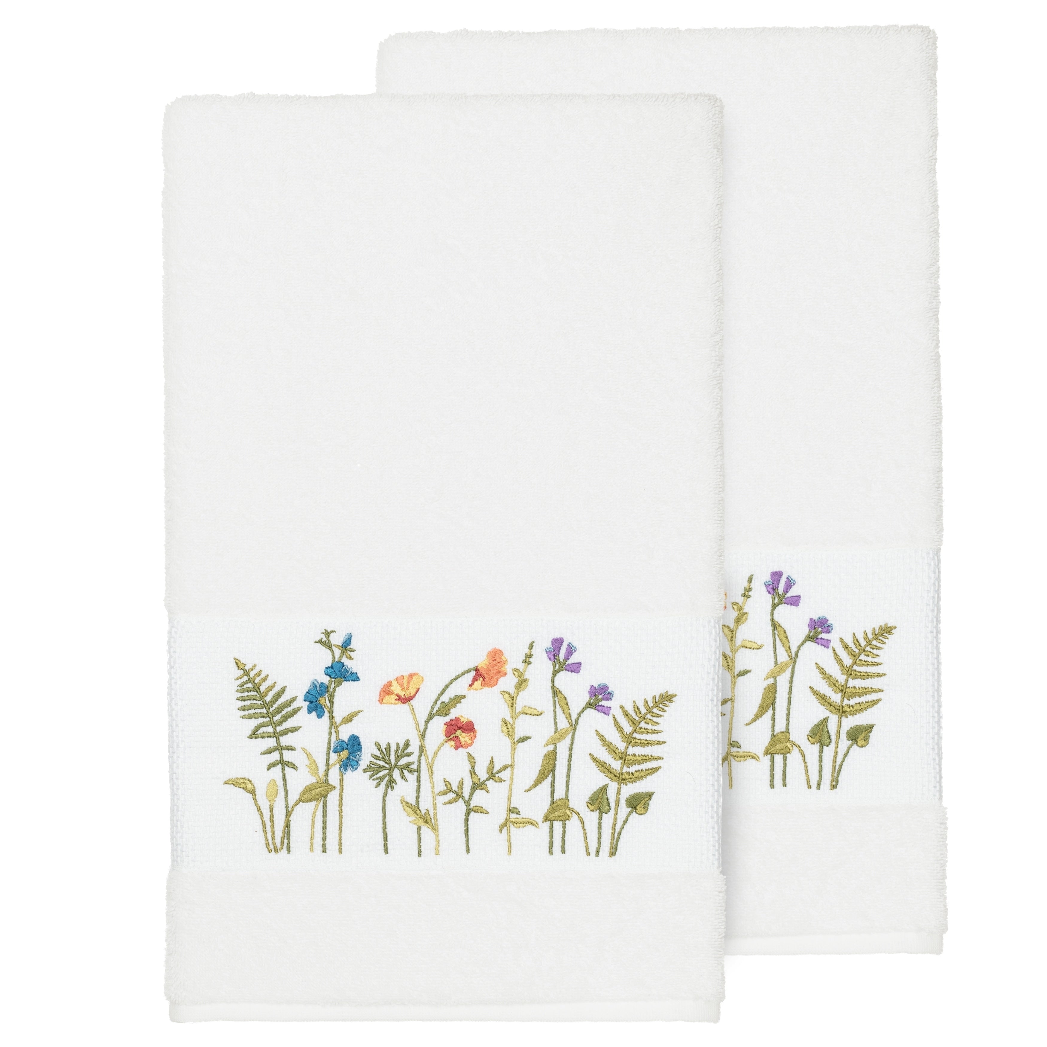 Authentic Hotel And Spa White Turkish Cotton Wildflowers Embroidered Bath Towels Set Of 2