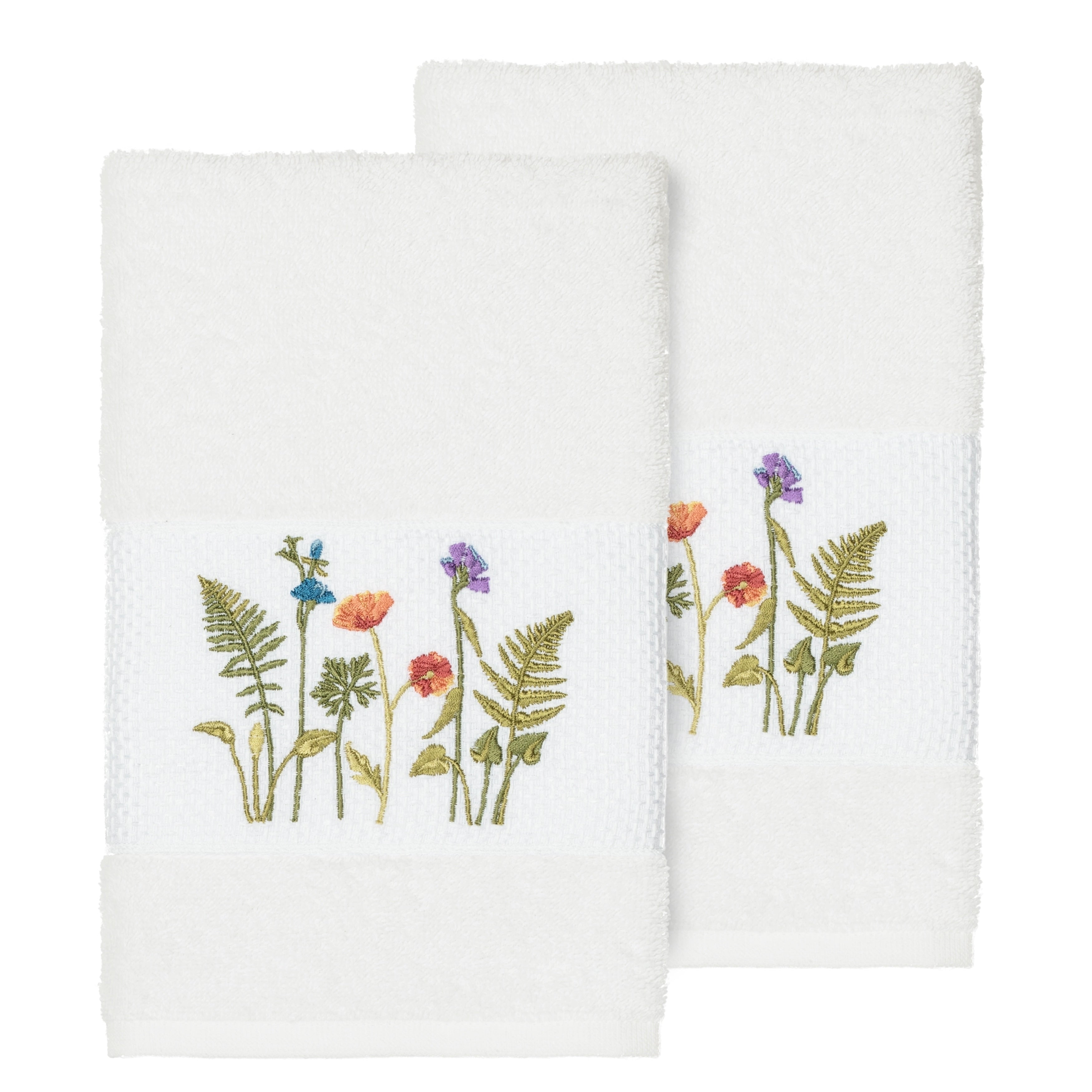 Authentic Hotel And Spa White Turkish Cotton Wildflowers Embroidered Hand Towels Set Of 2