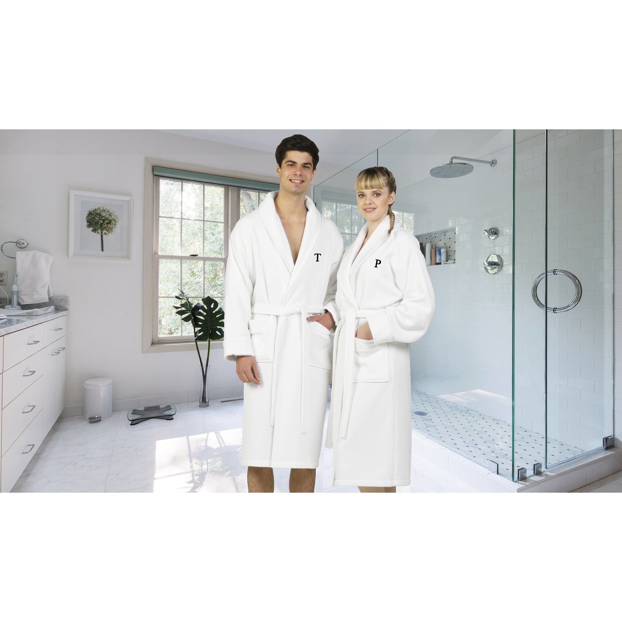 Authentic Hotel And Spa White Unisex Turkish Cotton Waffle Weave Terry Bath Robe With Black Block Monogram