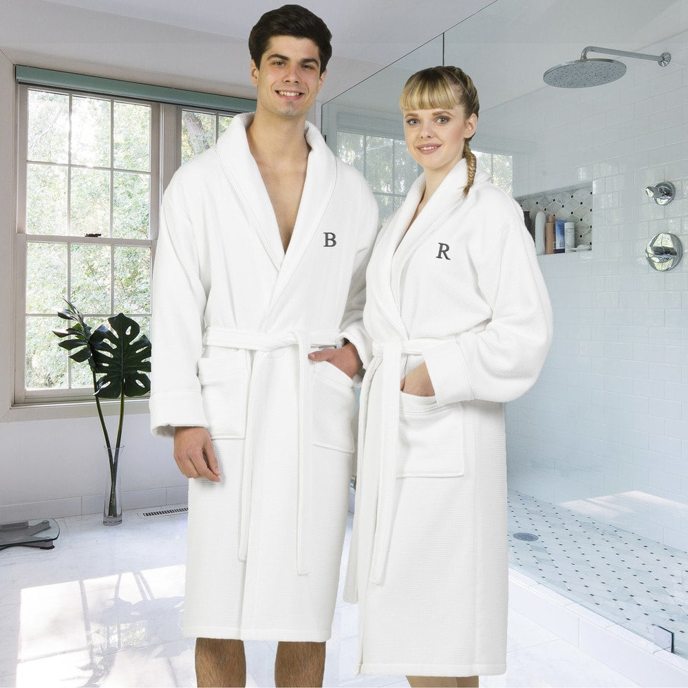 Authentic Hotel And Spa White Unisex Turkish Cotton Waffle Weave Terry Bath Robe With Grey Block Monogram