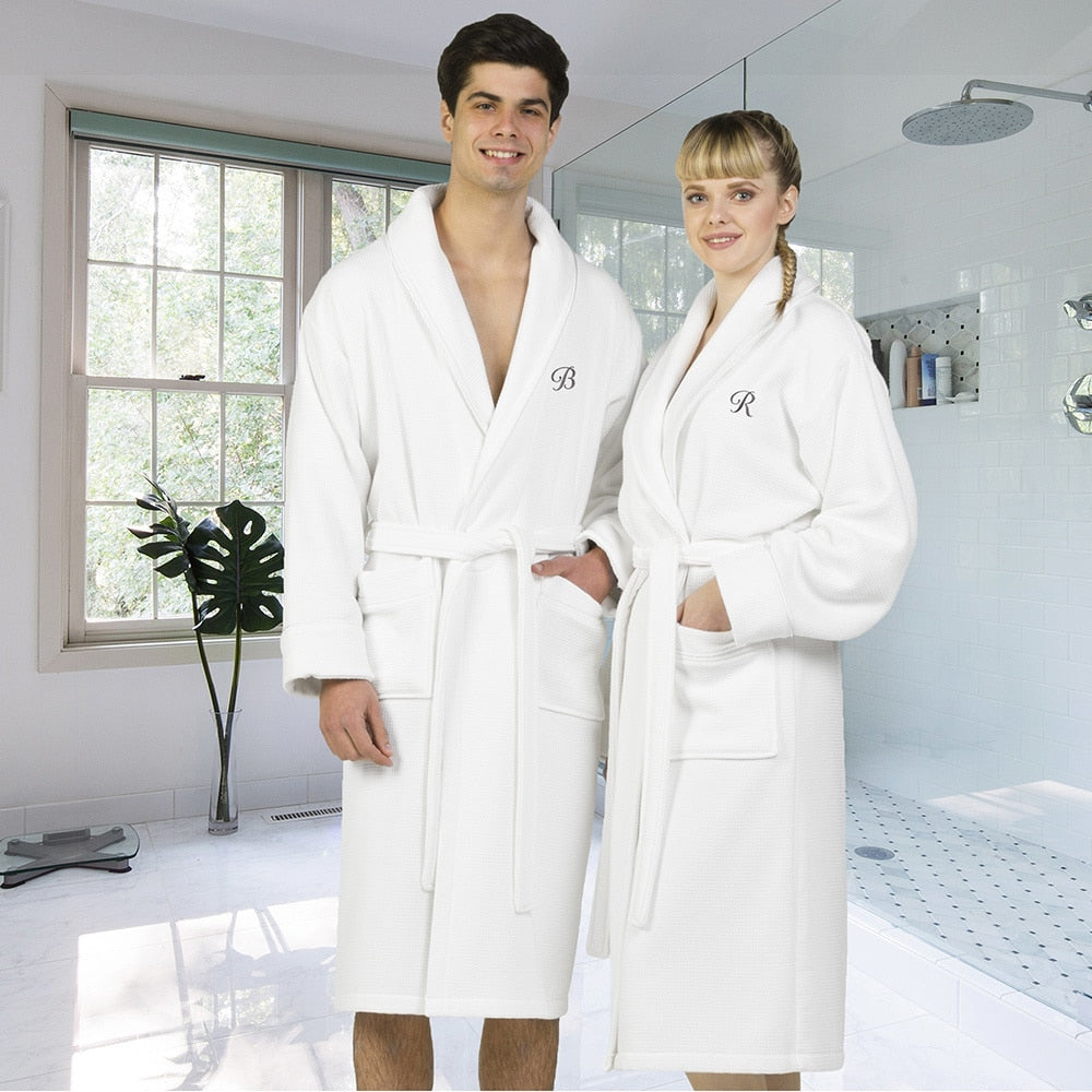 Authentic Hotel And Spa White Unisex Turkish Cotton Waffle Weave Terry Bath Robe With Grey Script Monogram