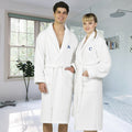 Authentic Hotel And Spa White Unisex Turkish Cotton Waffle Weave Terry Bath Robe With Navy Block Monogram