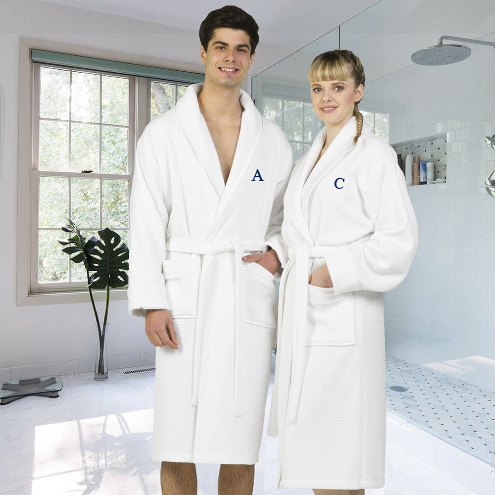 Authentic Hotel And Spa White Unisex Turkish Cotton Waffle Weave Terry Bath Robe With Navy Block Monogram