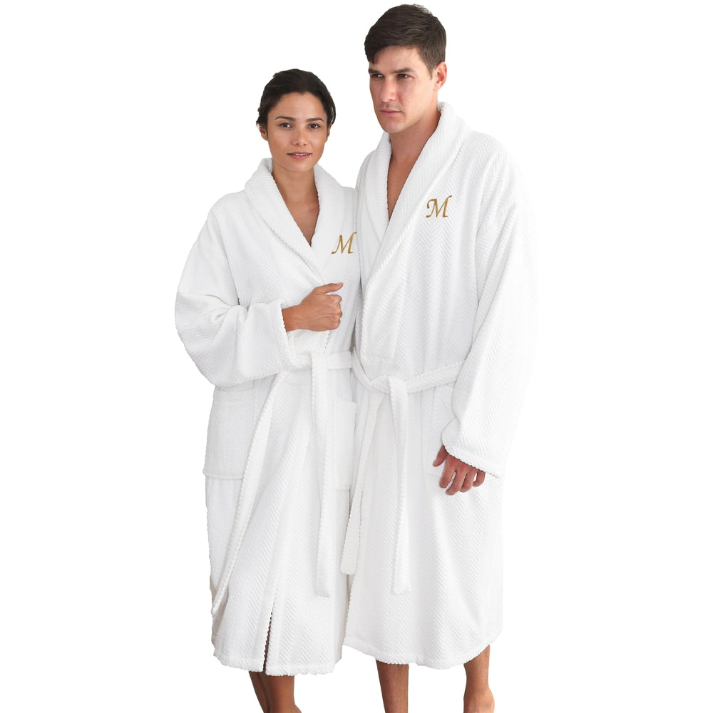 Authentic Hotel And Spa White With Gold Monogrammed Herringbone Weave Turkish Cotton Unisex Bath Robe