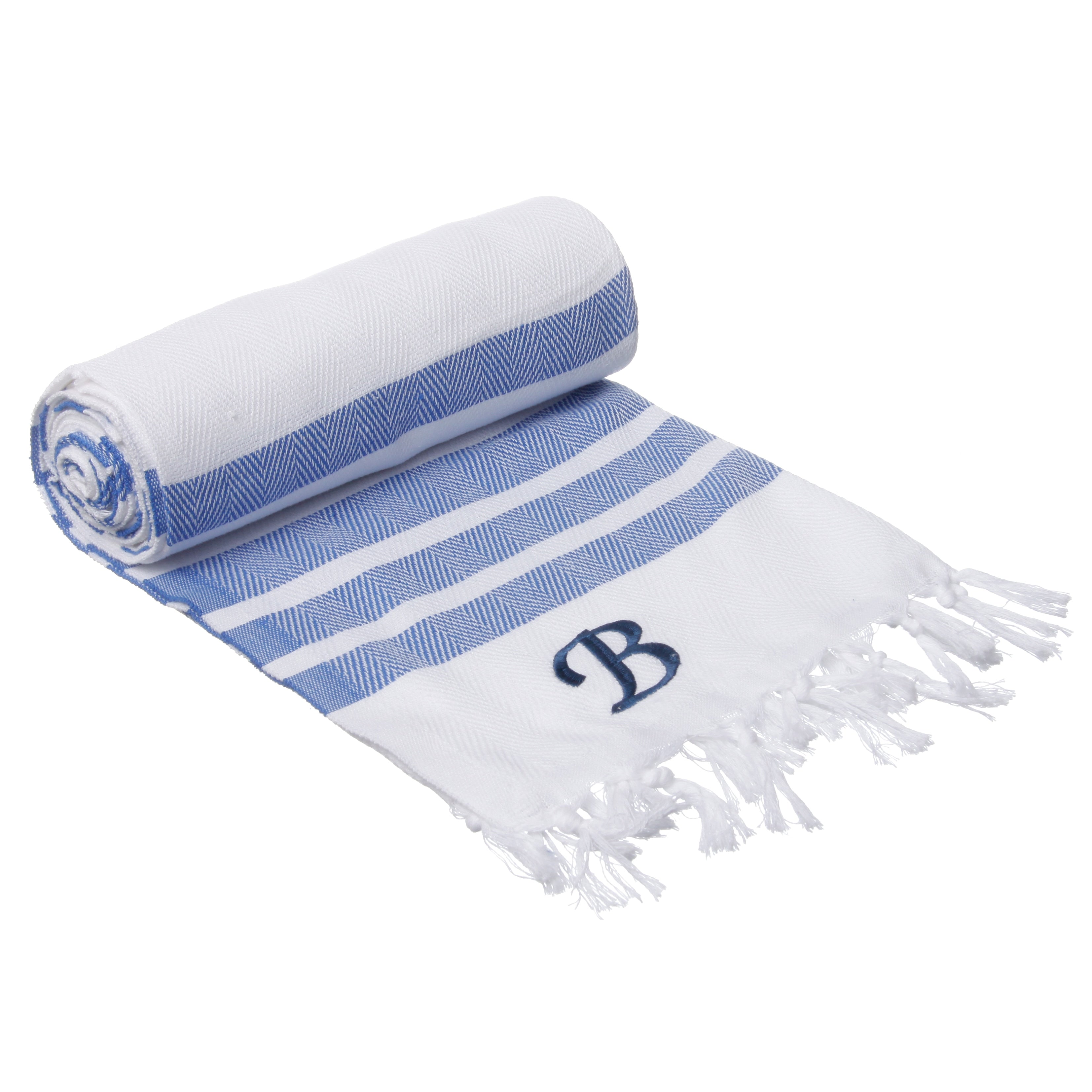 Authentic Royal Blue Bold Stripe Pestemal Fouta Turkish Cotton Bath Beach Towel With Monogram Initial