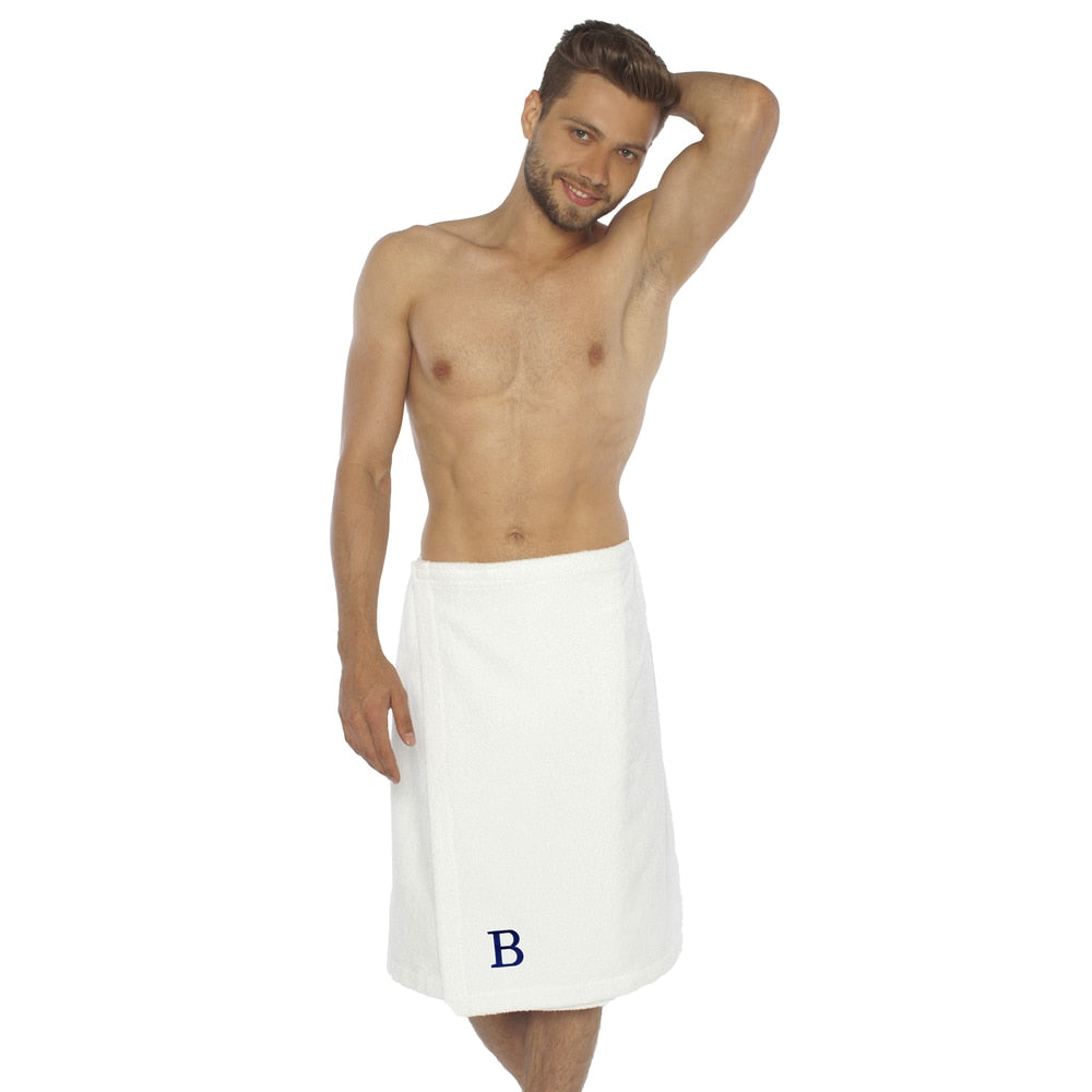 Authentic Hotel And Spa Turkish Cotton Terry Monogrammed White Mens Spa And Shower Towel Wrap