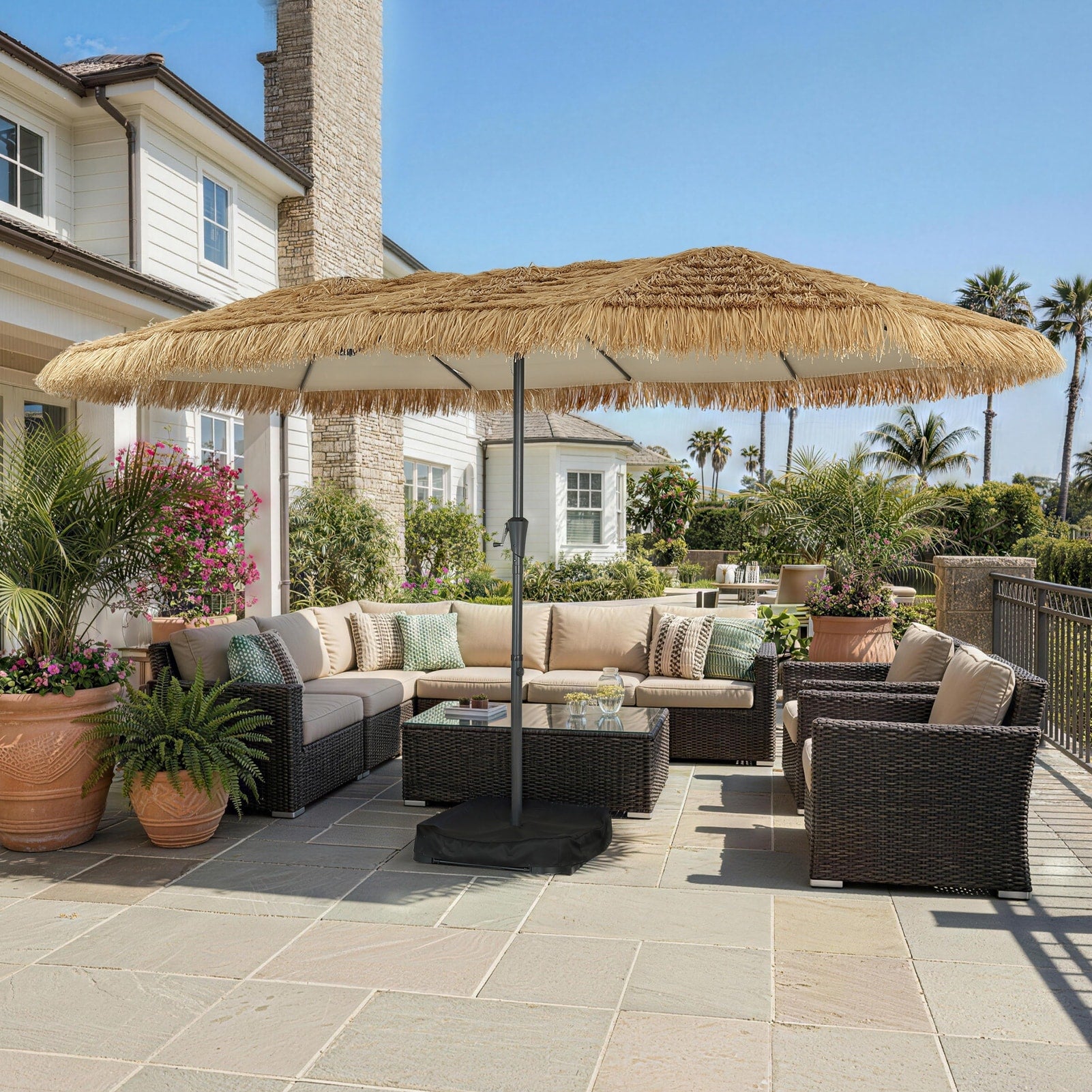 Autlaycil 15Ft Outdoor Patio Tiki Umbrella With Base Sandbags