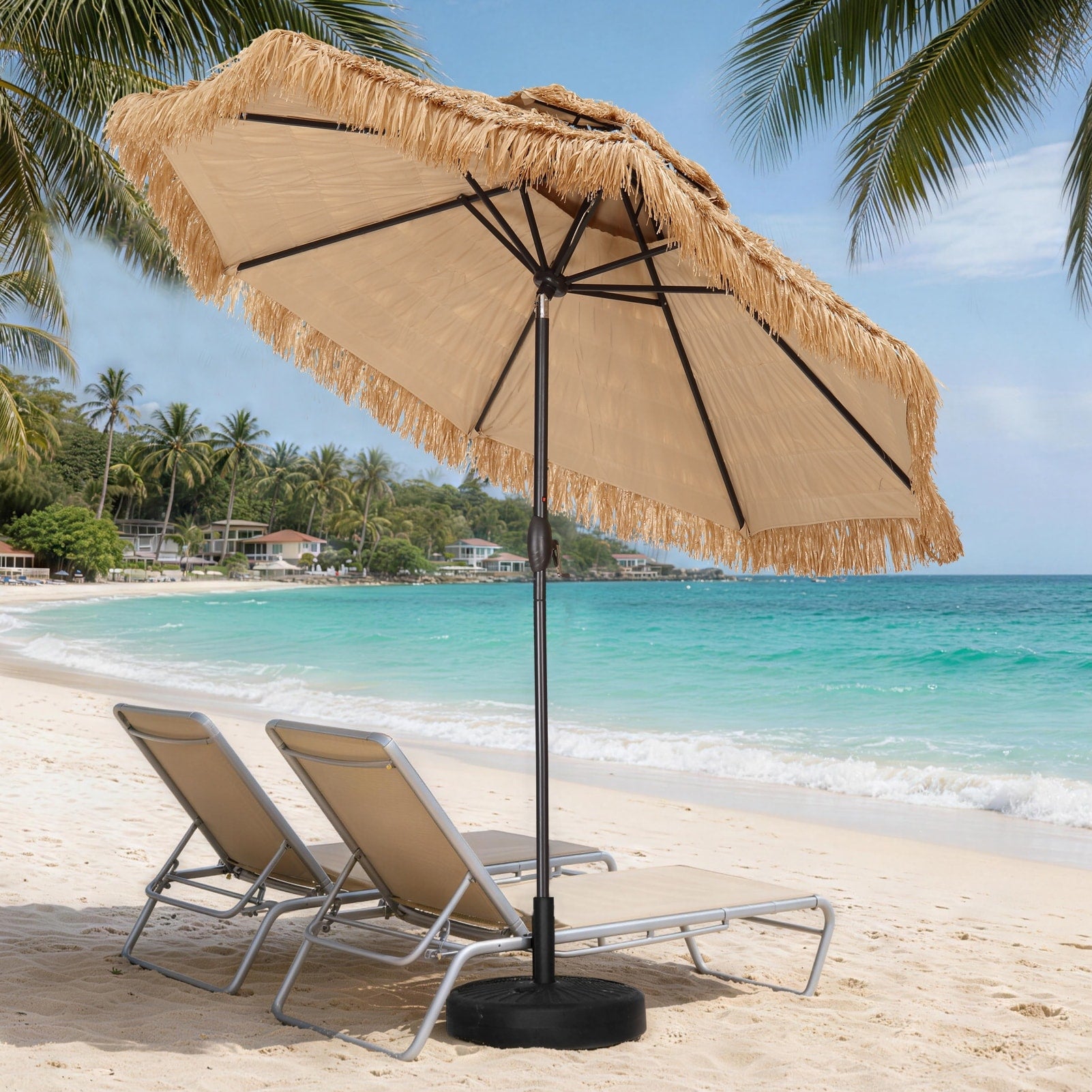 Autlaycil 9Ftthatched Tiki Outdoor Patio Umbrella With Crank Base