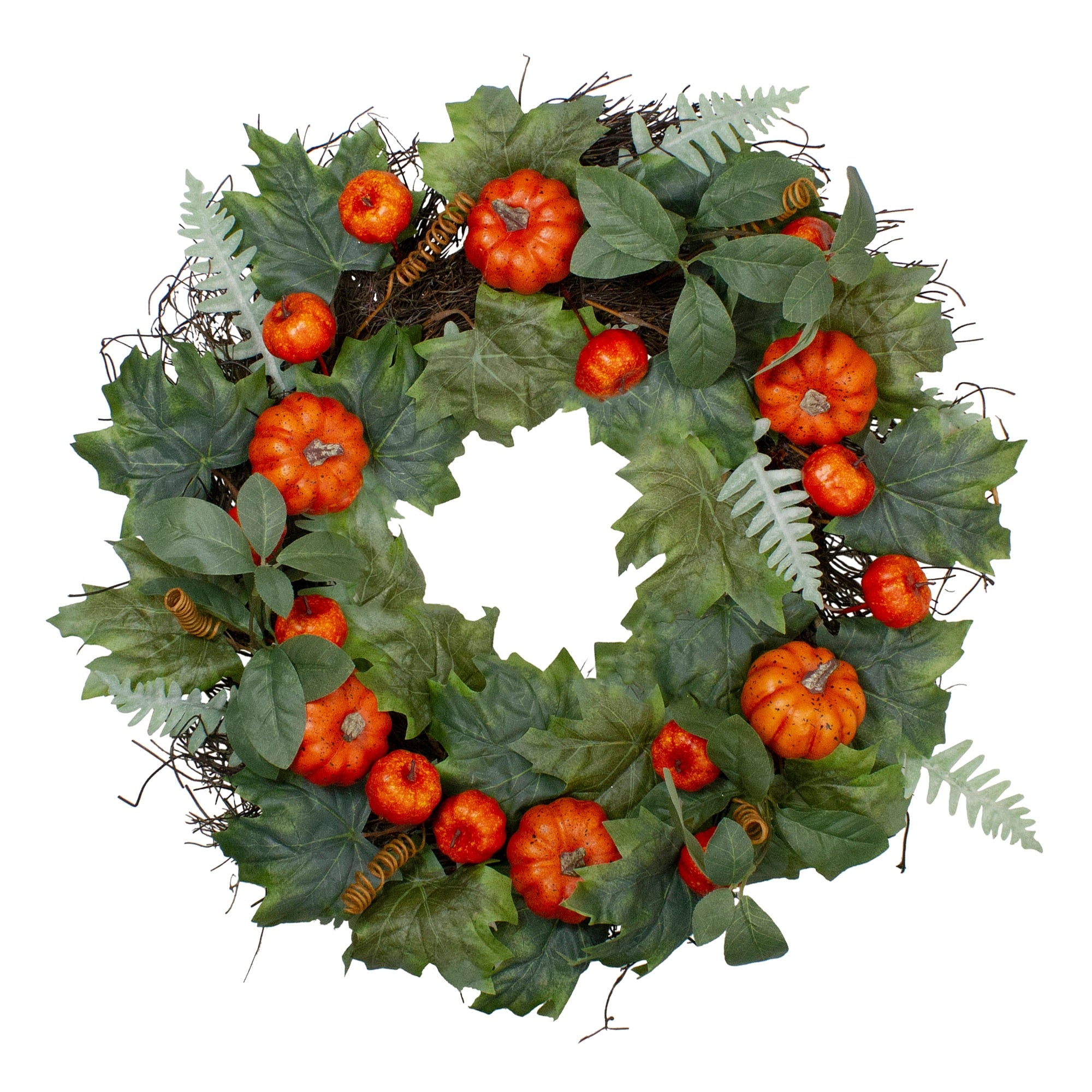 Autumn Harvest Maple And Fern Leaves With Pumpkins Grapevine Artificial Wreath 24 Inch Unlit