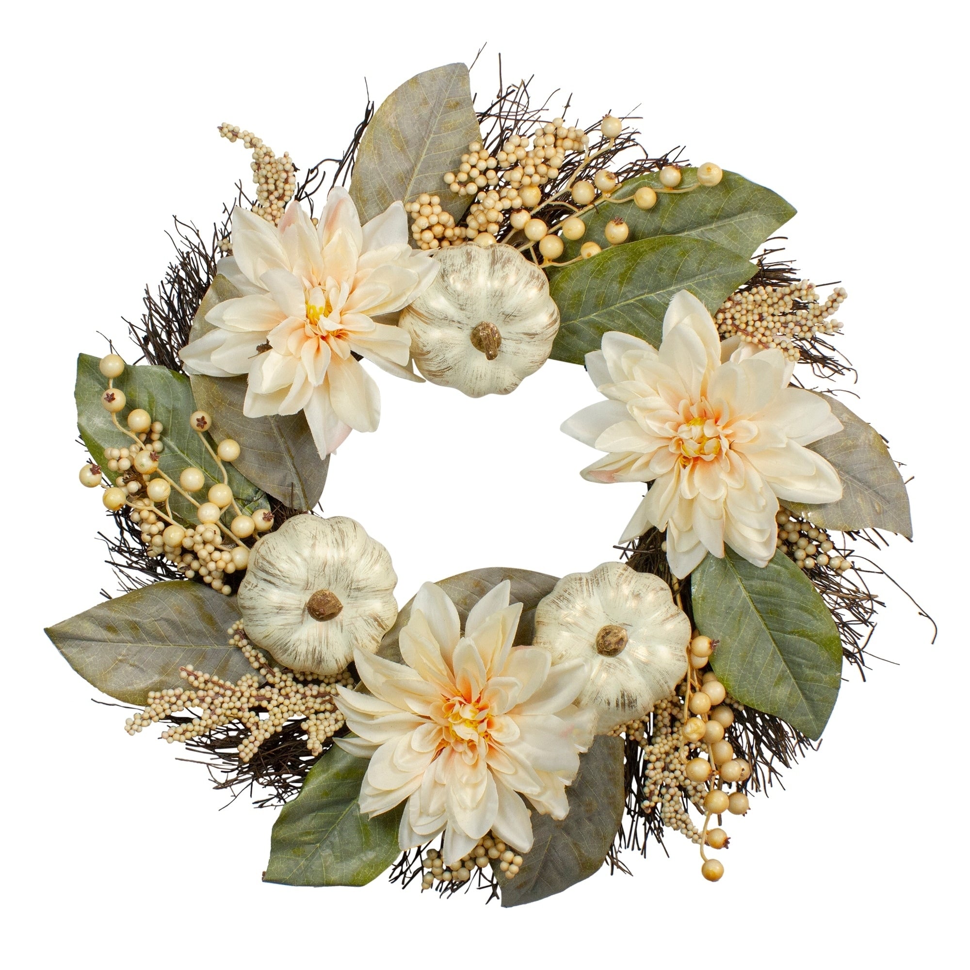 Autumn Harvest White Dahlia Berry And Pumpkin Grapevine Wreath 22 Inch Unlit N A