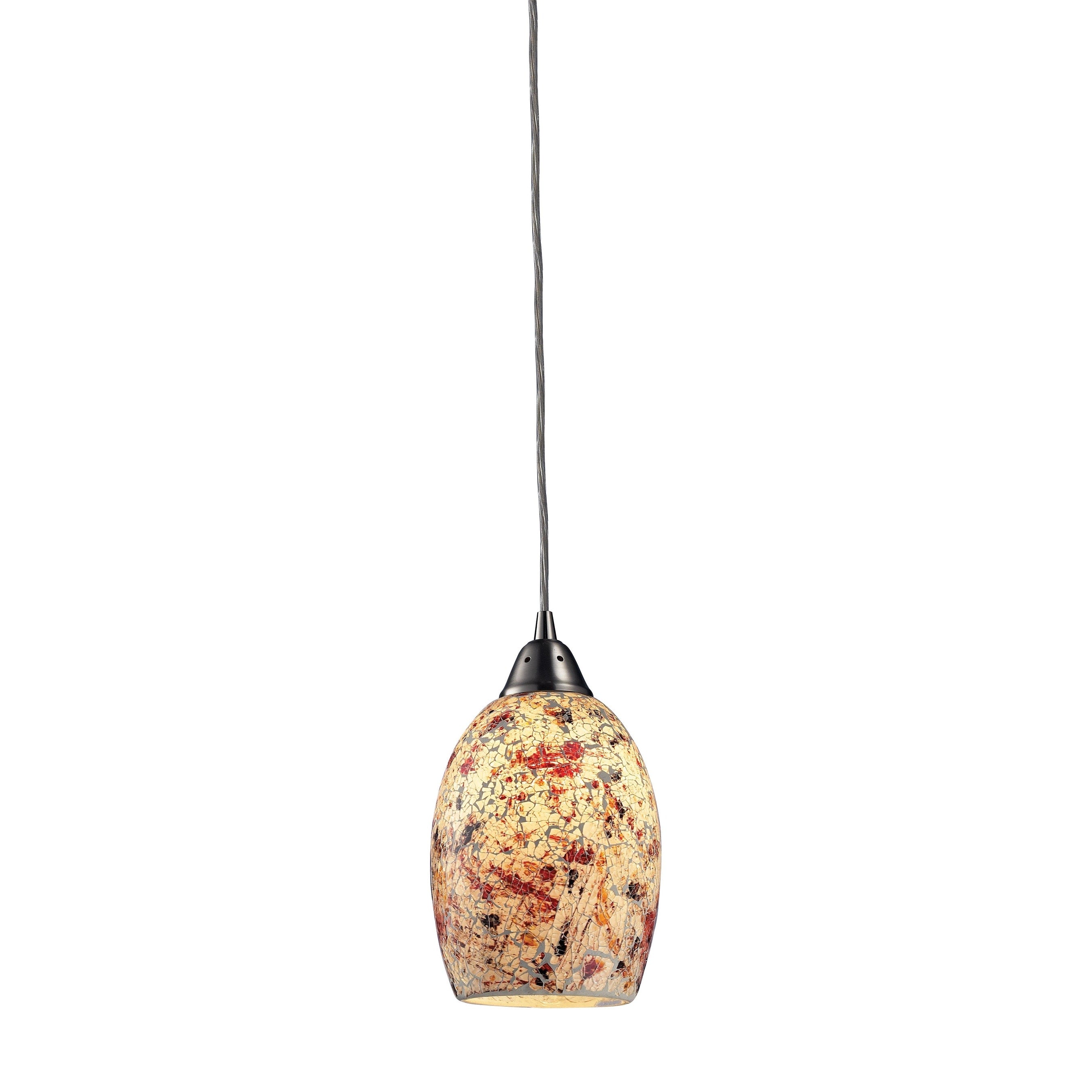 Avalon 5 Inch Wide 1 Light Pendant In Satin Nickel With White Multicolor Crackle Glass 5In W X 5In D X 5In H