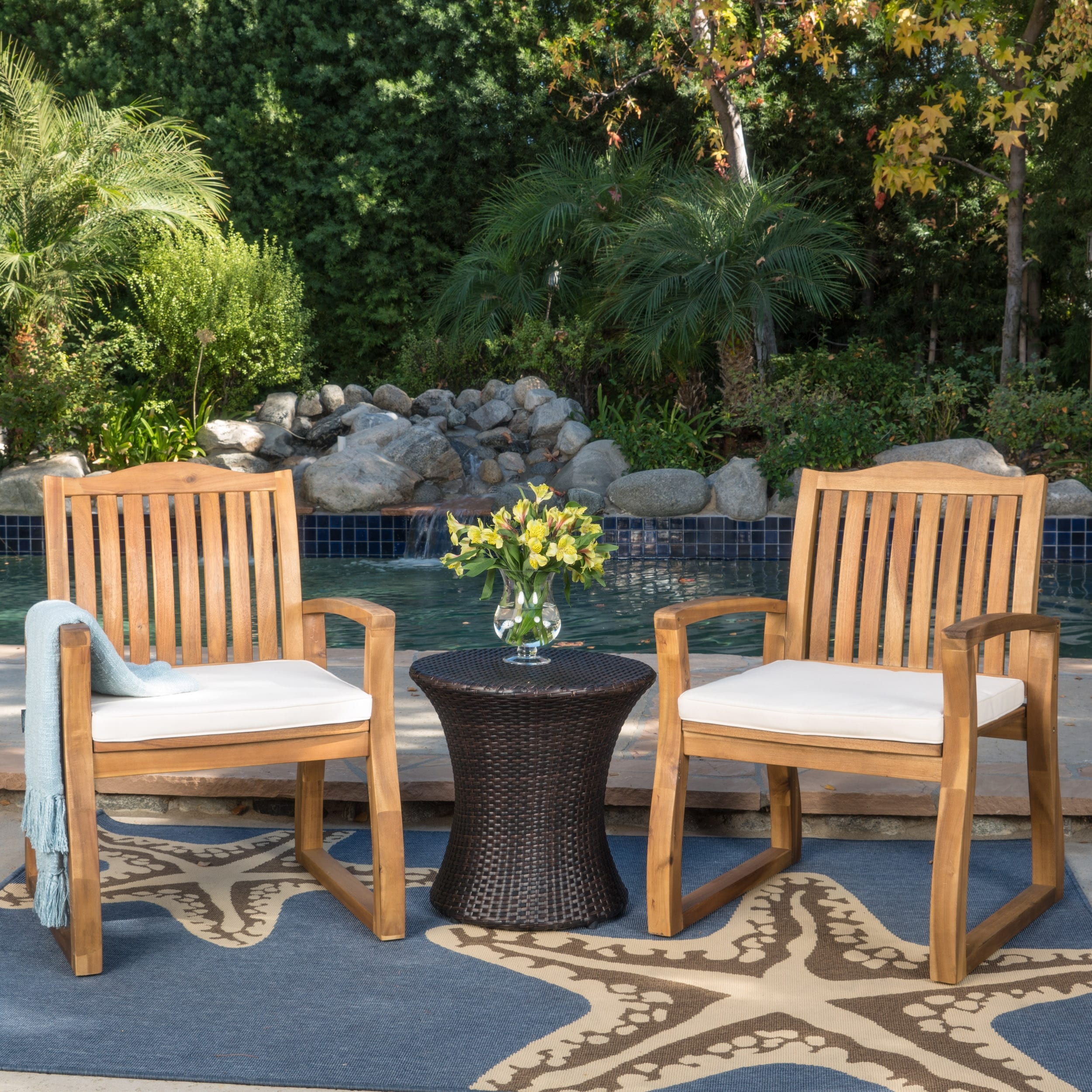 Christopher Knight Home Avalon Outdoor 3 Piece Acacia Wood Chat Set With Hourglass Wicker Table
