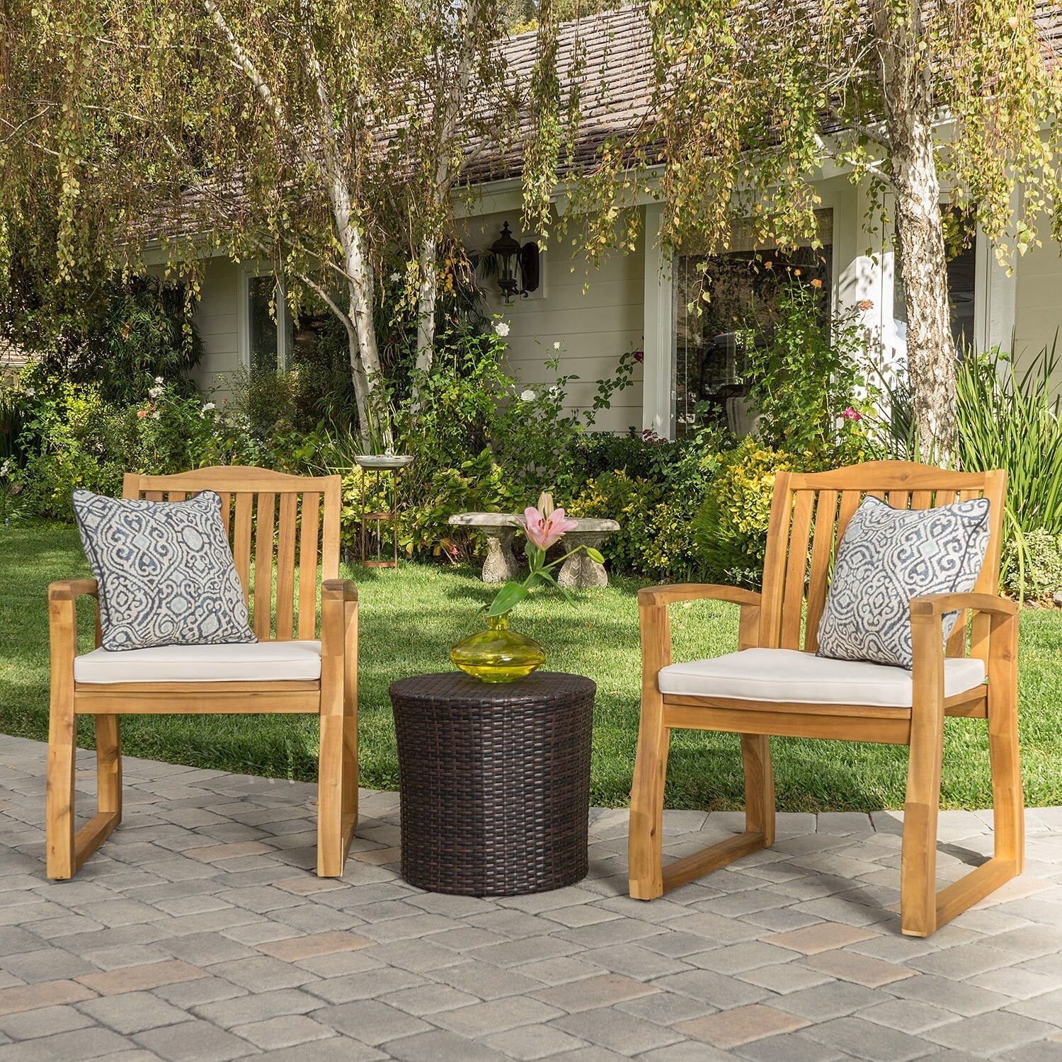 Christopher Knight Home Avalon Outdoor 3 Piece Acacia Wood Chat Set With Round Wicker Table