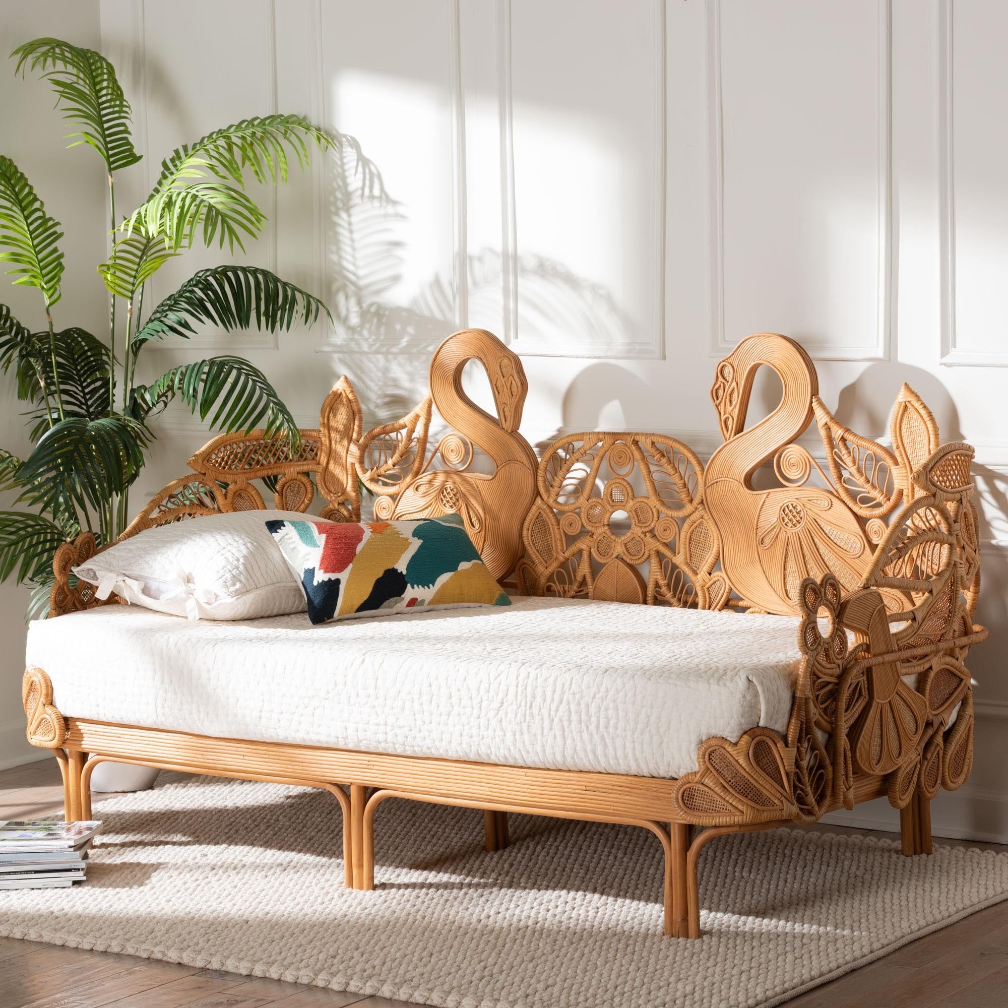 Aves Natural Rattan Daybed With Decorative Flamingo Frame Handwoven Wicker Lounge Bed With Boho Coastal Frame Twin
