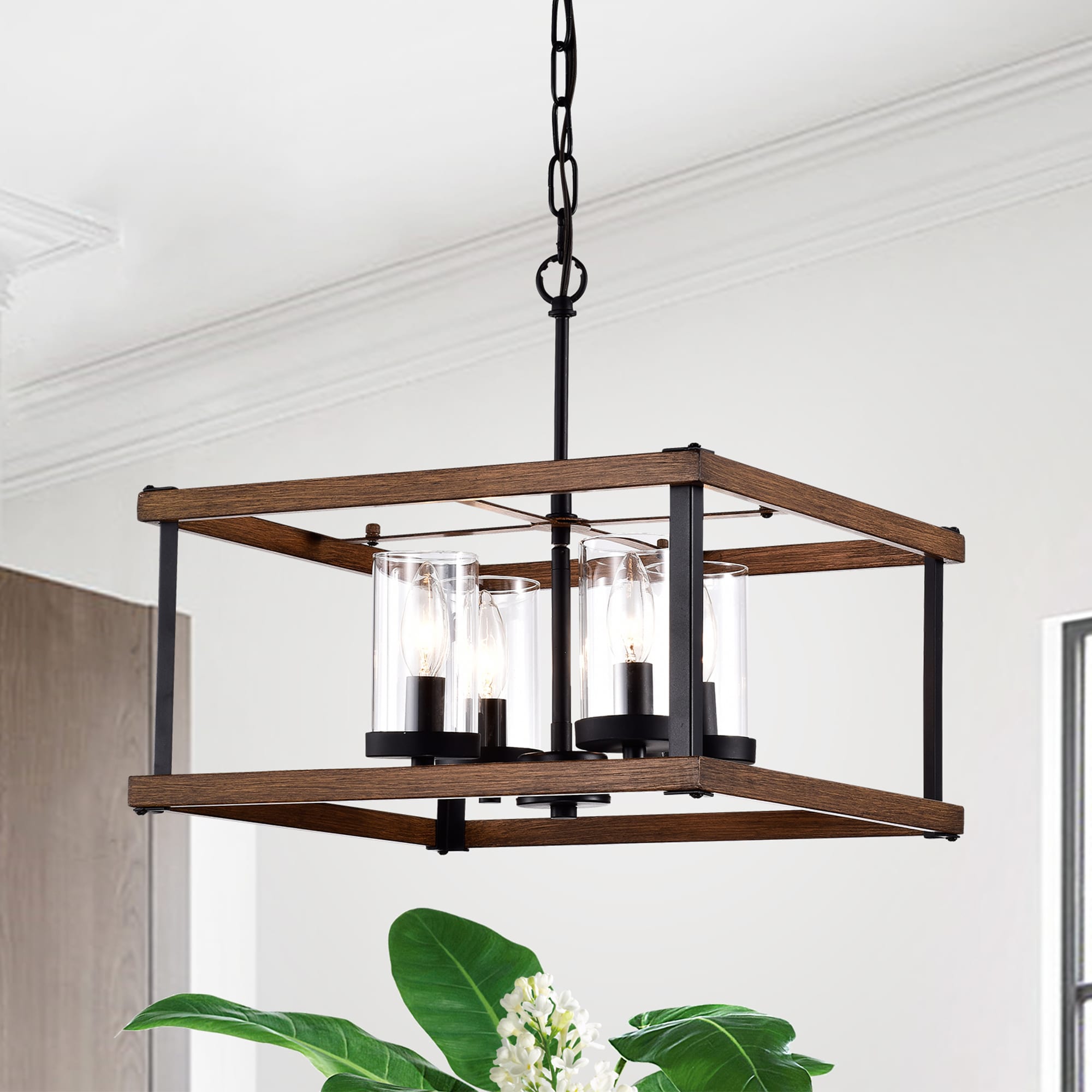 Avriel Imitation Wood Grain Matte Black 4 Light Chandelier With Clear Glass Shades