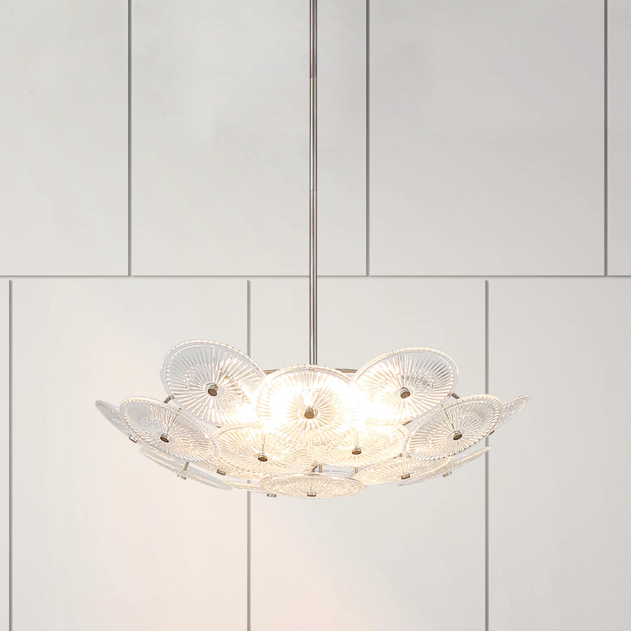 Avril 29 Inch 6 Light Forged Bronze Chandelier With Clear Starburst Glass Shade L 29.25 X W 29.25 X H 6.75 X M H 63.5