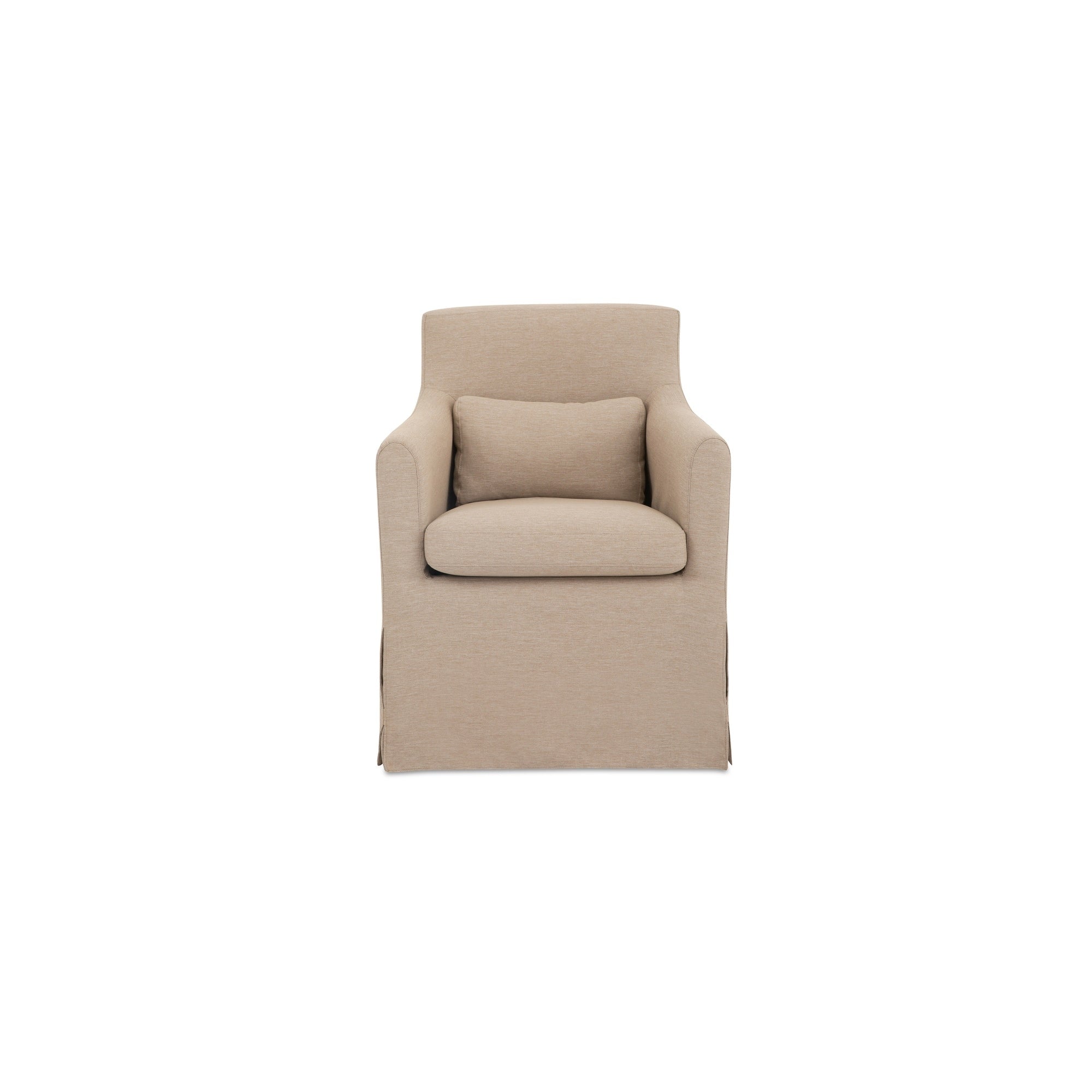 Azalea Outdoor Dining Chair Curved Arms Tailored Slipcover Recycled Solution Dyed Polyester Caster Wheels Cream