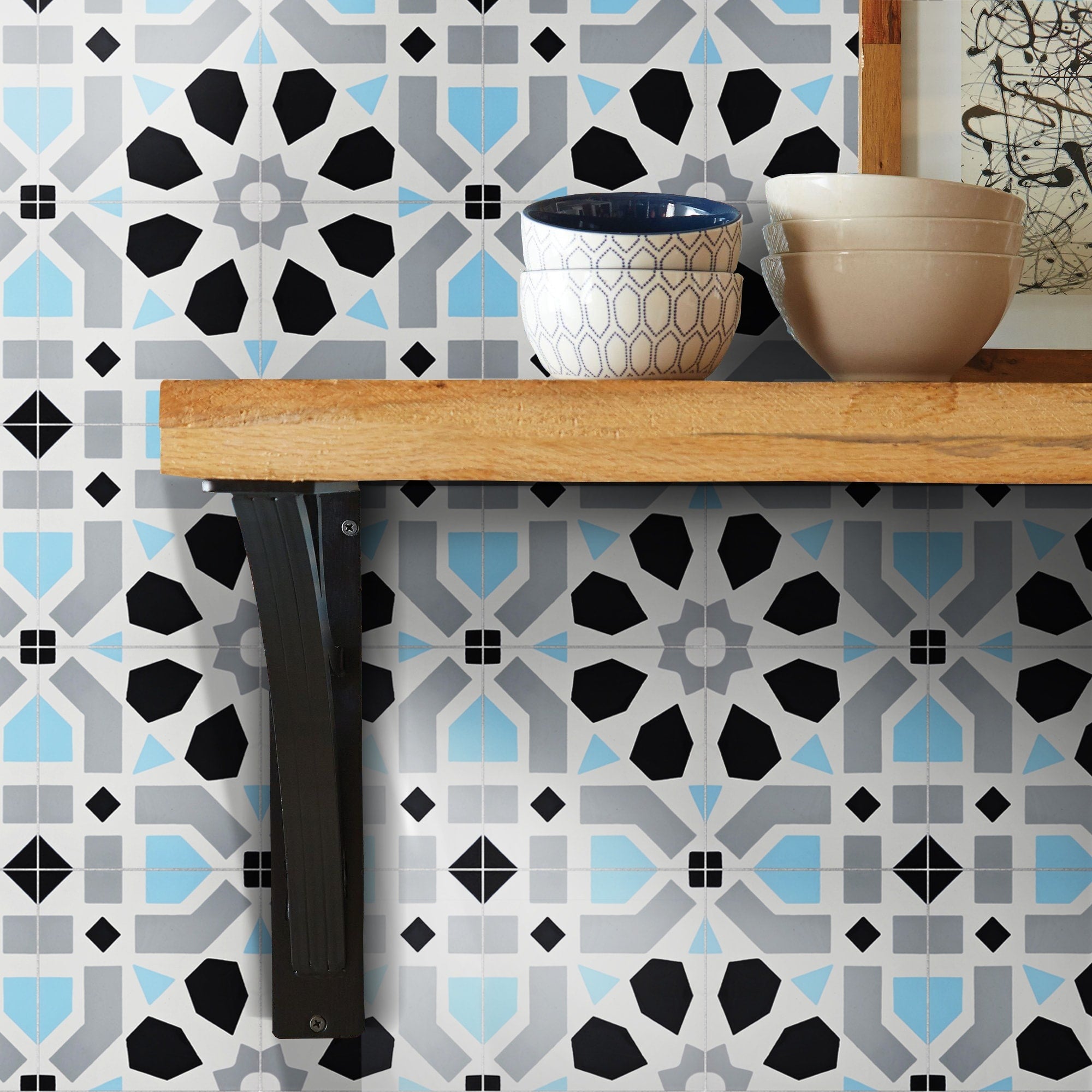 Azilal In Black Grey Blue Handmade 8X8 In Moroccan Tile Pack Of 12