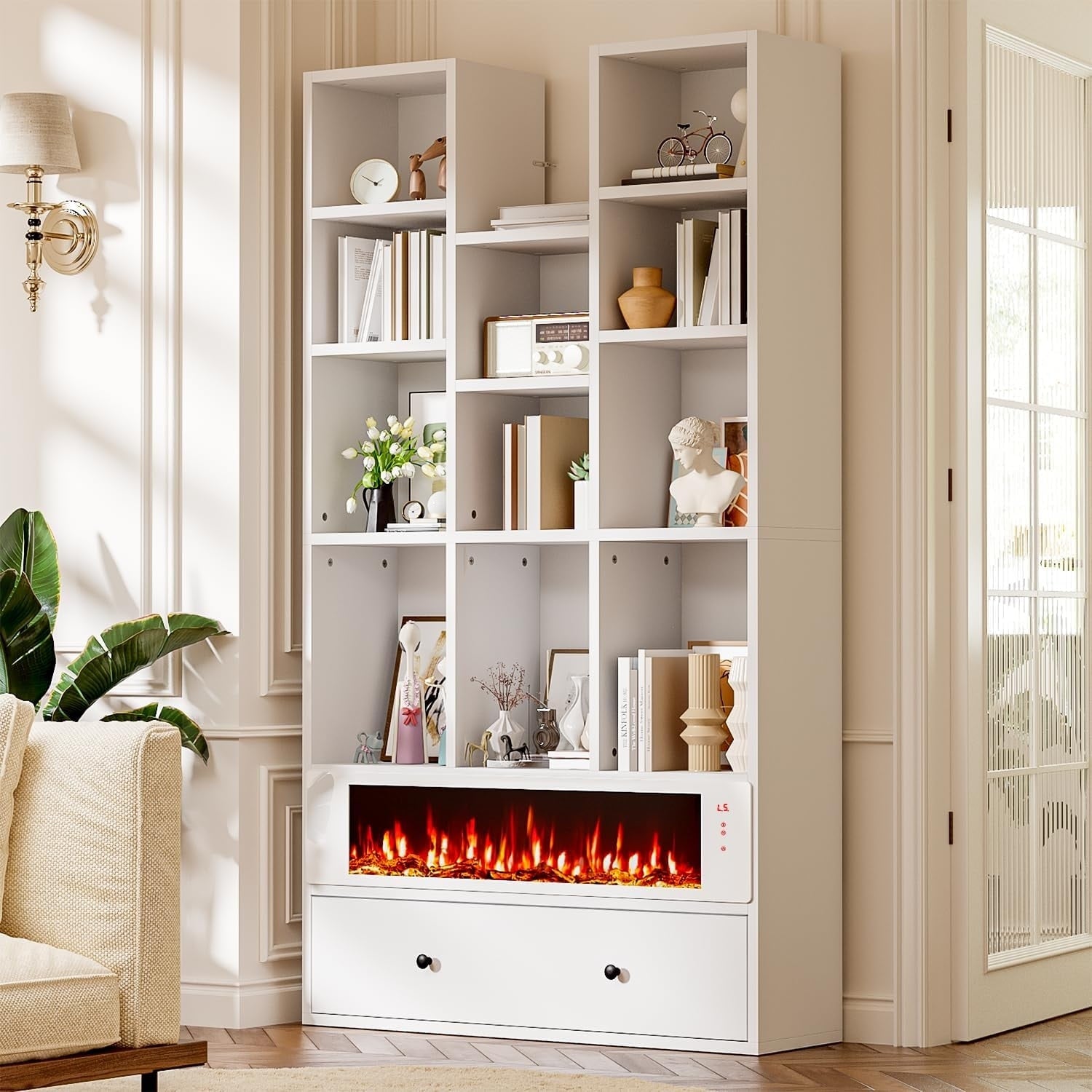 Bossin 65 Fireplace Bookcase With Drawers 4 Tier Open Bookshelf With 11 Storage Cubes