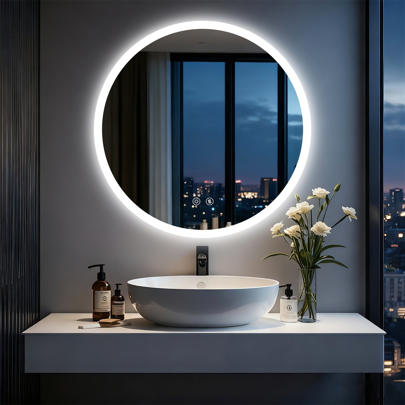 Backlit Round Led Lighted Bathroom Mirror Smart Touch Anti Fog Wall Makeup Mirror With Aluminum Frame