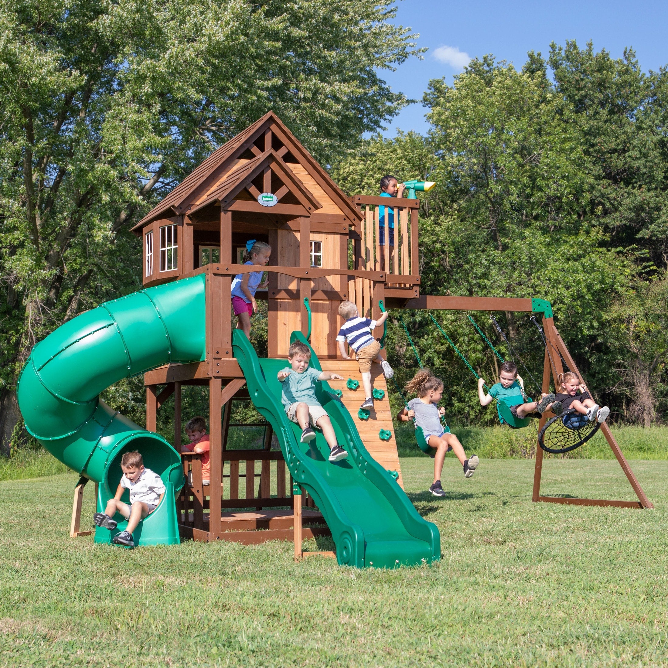 Backyard Discovery Skyfort With Tube Slide All Cedar Wooden Swing Set
