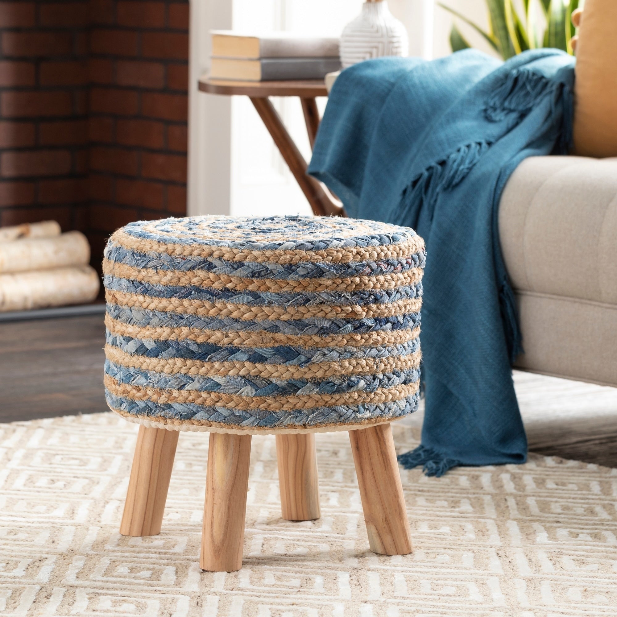 Baeley Hand Crafted Bohemian Jute And Wood Foot Stool