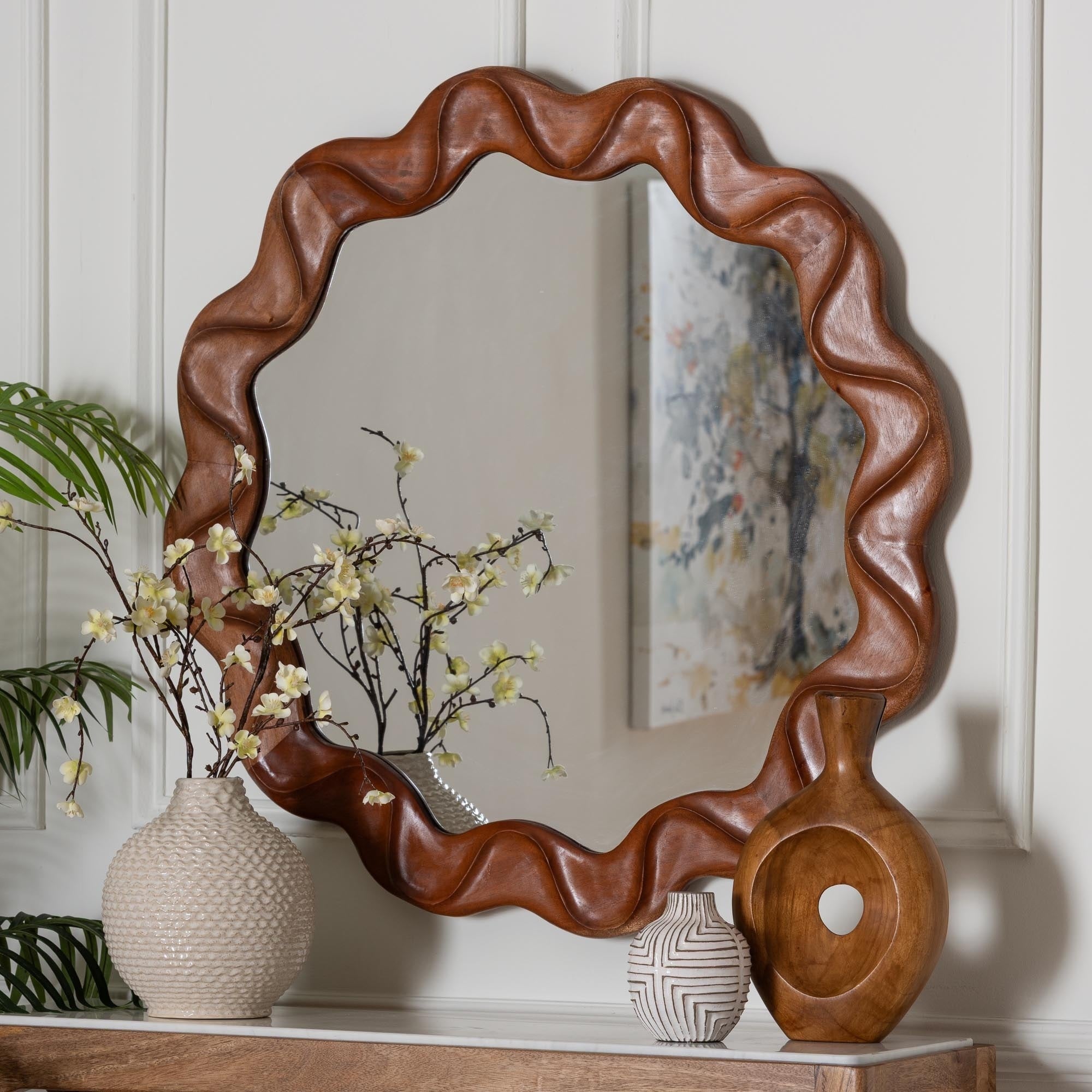 Bahati Round Wall Mirror With Sculpted Wavy Frame Decorative Accent Mirror For Entryway Bedroom Or Living Room