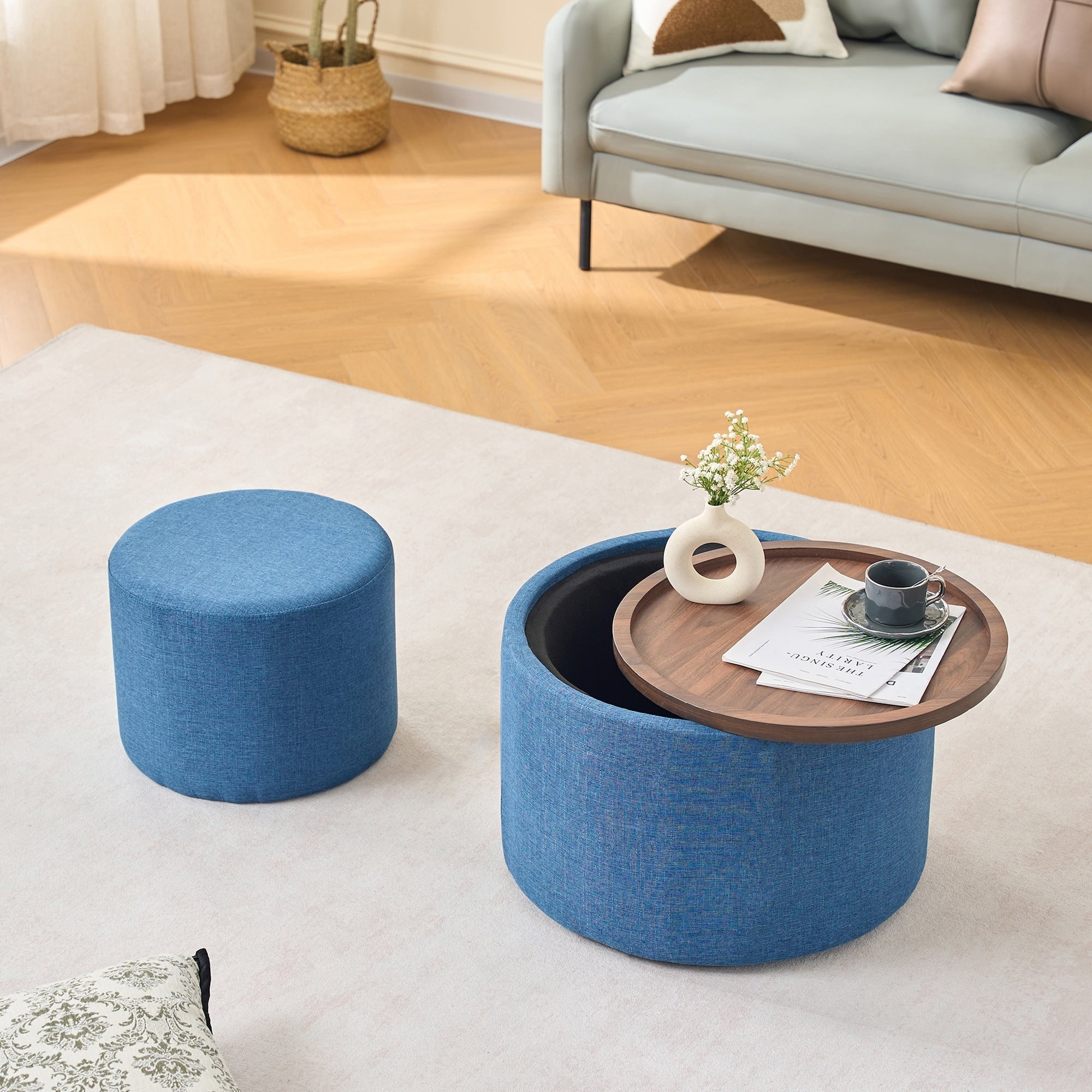 Ball Cast Nesting Storage Ottomans Of 2 Linen Upholstered Footstool Wood Tray 22.75 Round Coffee Table