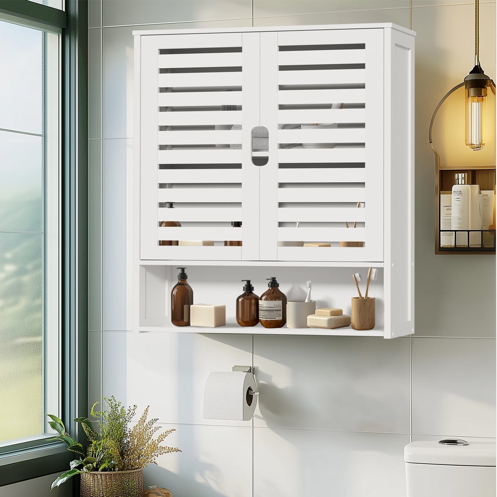 Bamboo Bathroom Cabinet Medicine Cabinet Wall Mounted White Color 23.2X8X26.1Inch