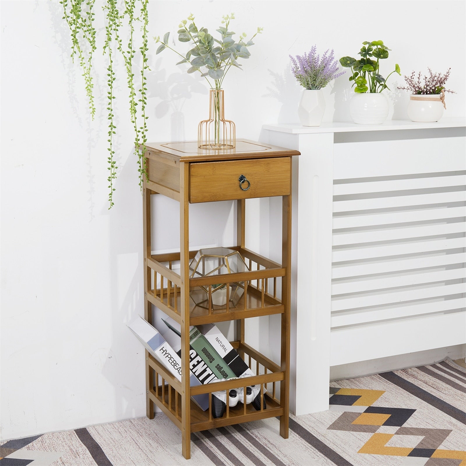 Bamboo Bedside Table With Drawer Bedroom Nightstand Plant Storage Shelving Unit