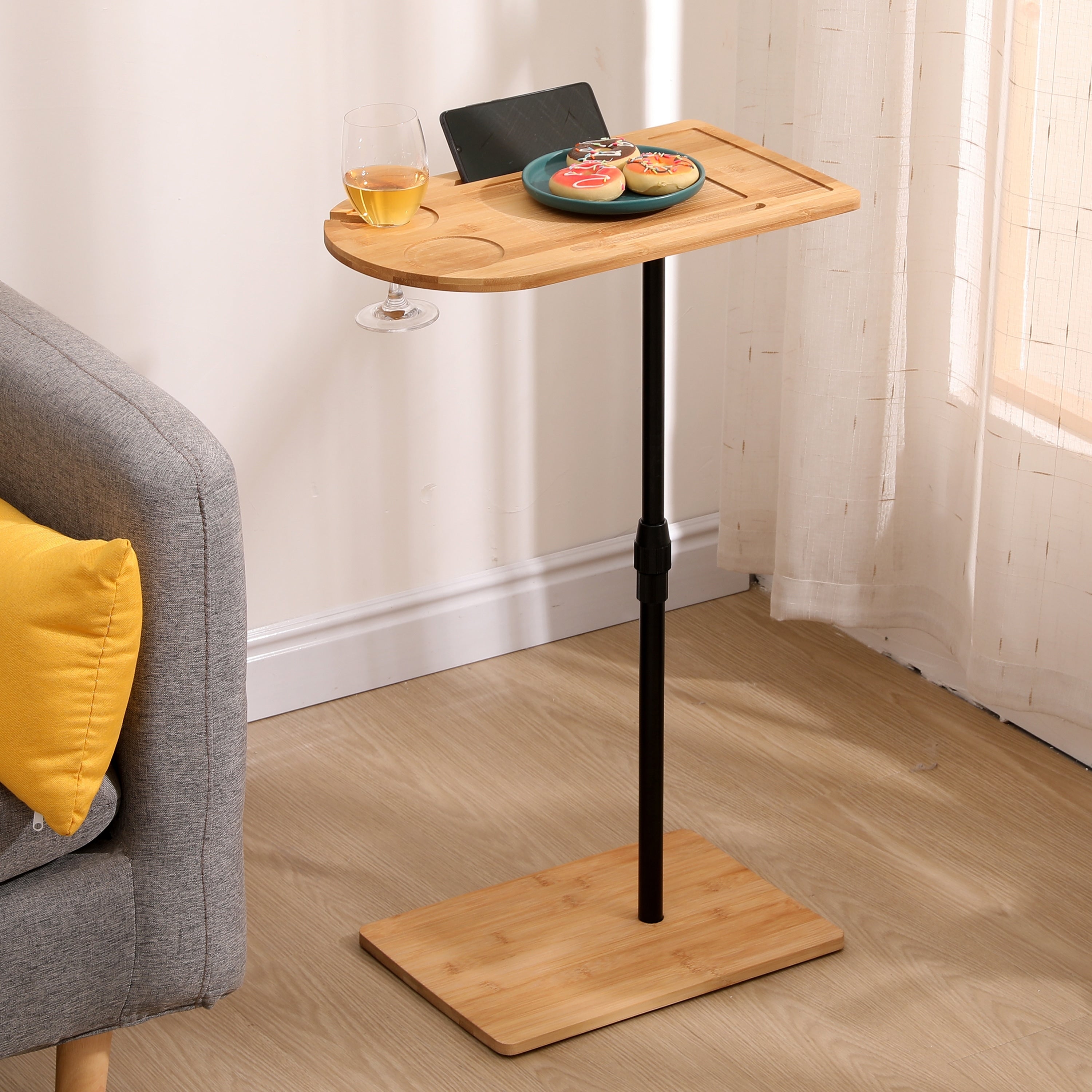 Bamboo Couch Tray Table Height Adjustable C Shaped End Table With Slots 2 Tier Sofa Side Table