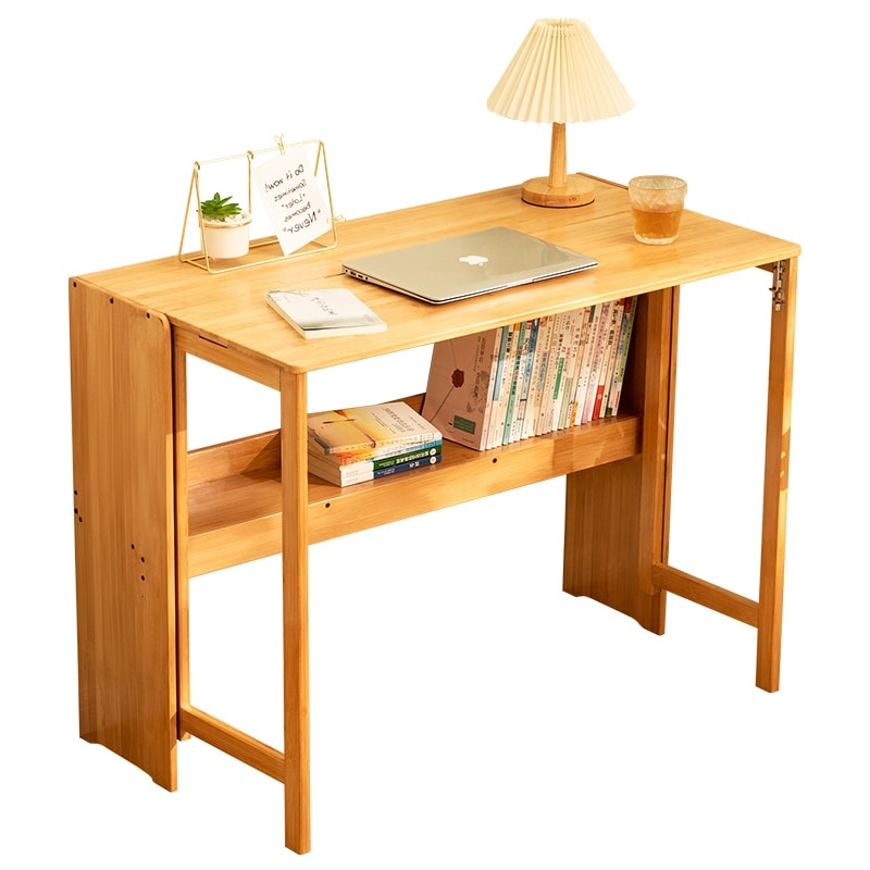 Bamboo Folding Desk Space Saving Foldable Computer Desk With Storage Shelf For Home Office Dorm Or Small Spaces