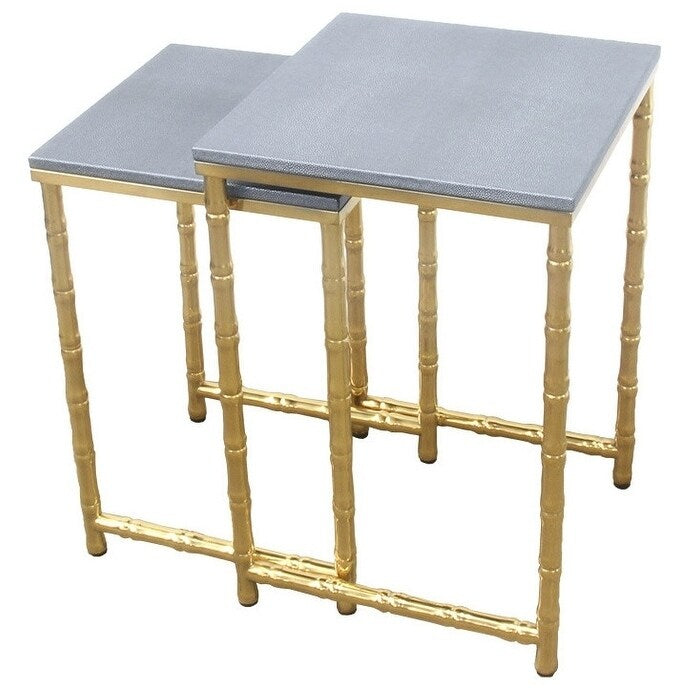 Bamboo Leg Nesting Tables Faux Shagreen With Gold Metal 2 Piece Set