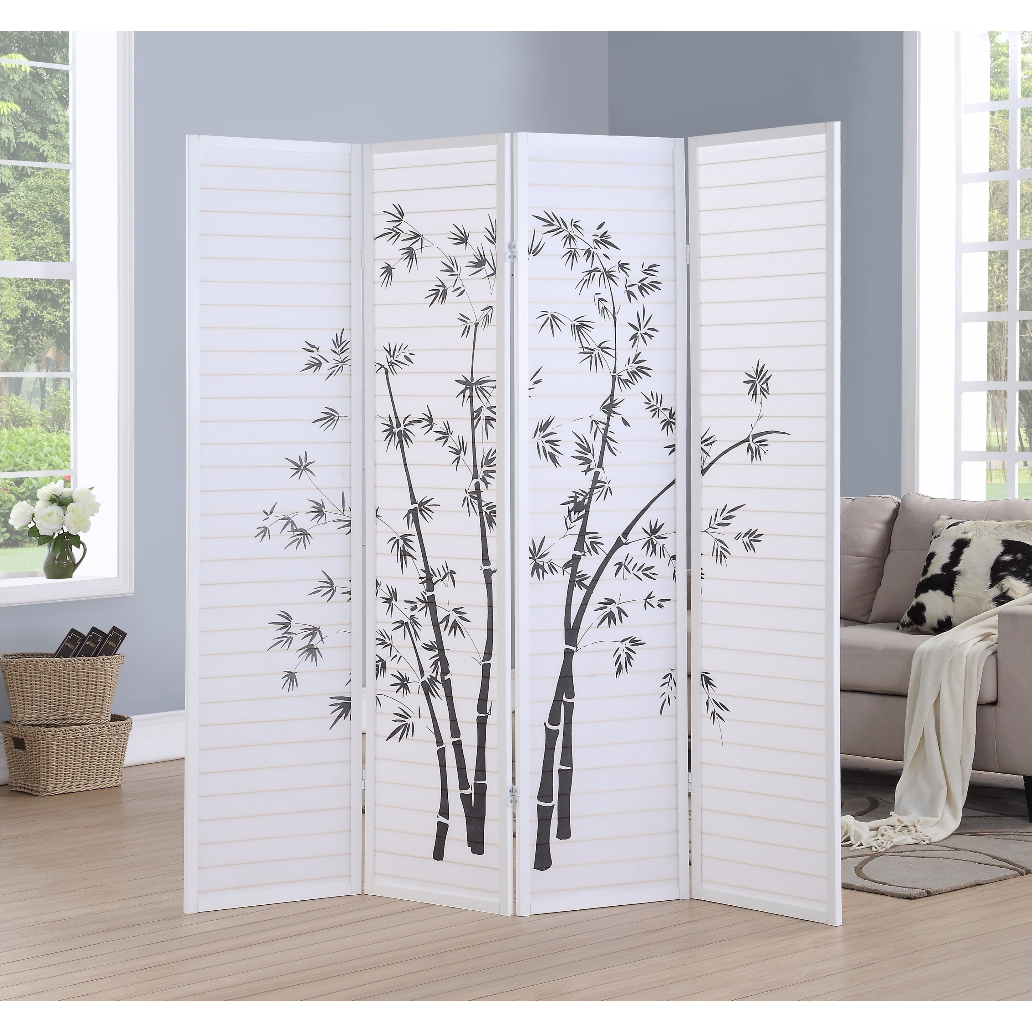 Bamboo Print 4 Panel Framed Room Screen Divider