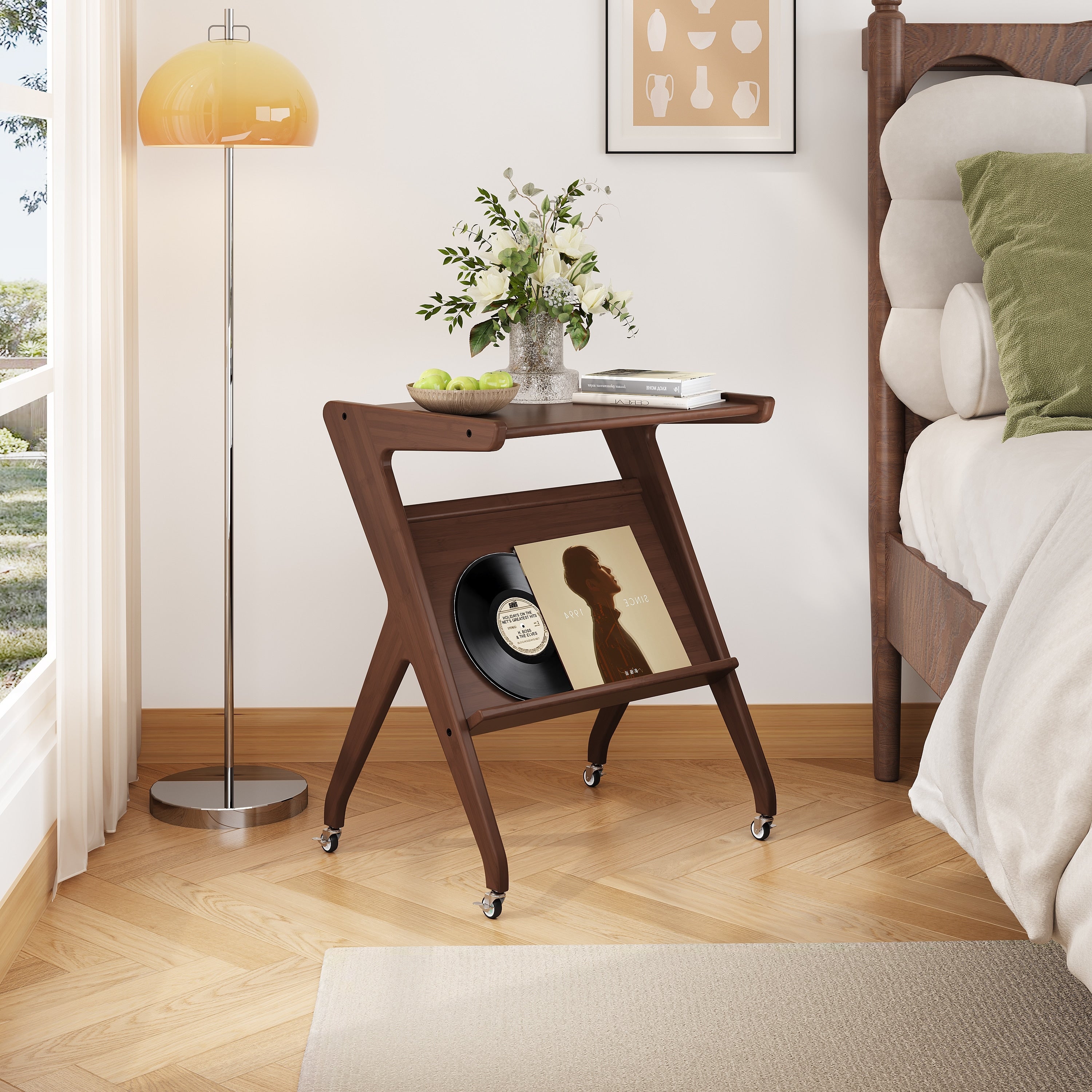 Bamboo Side Table With Wheels Stable Easy To Move
