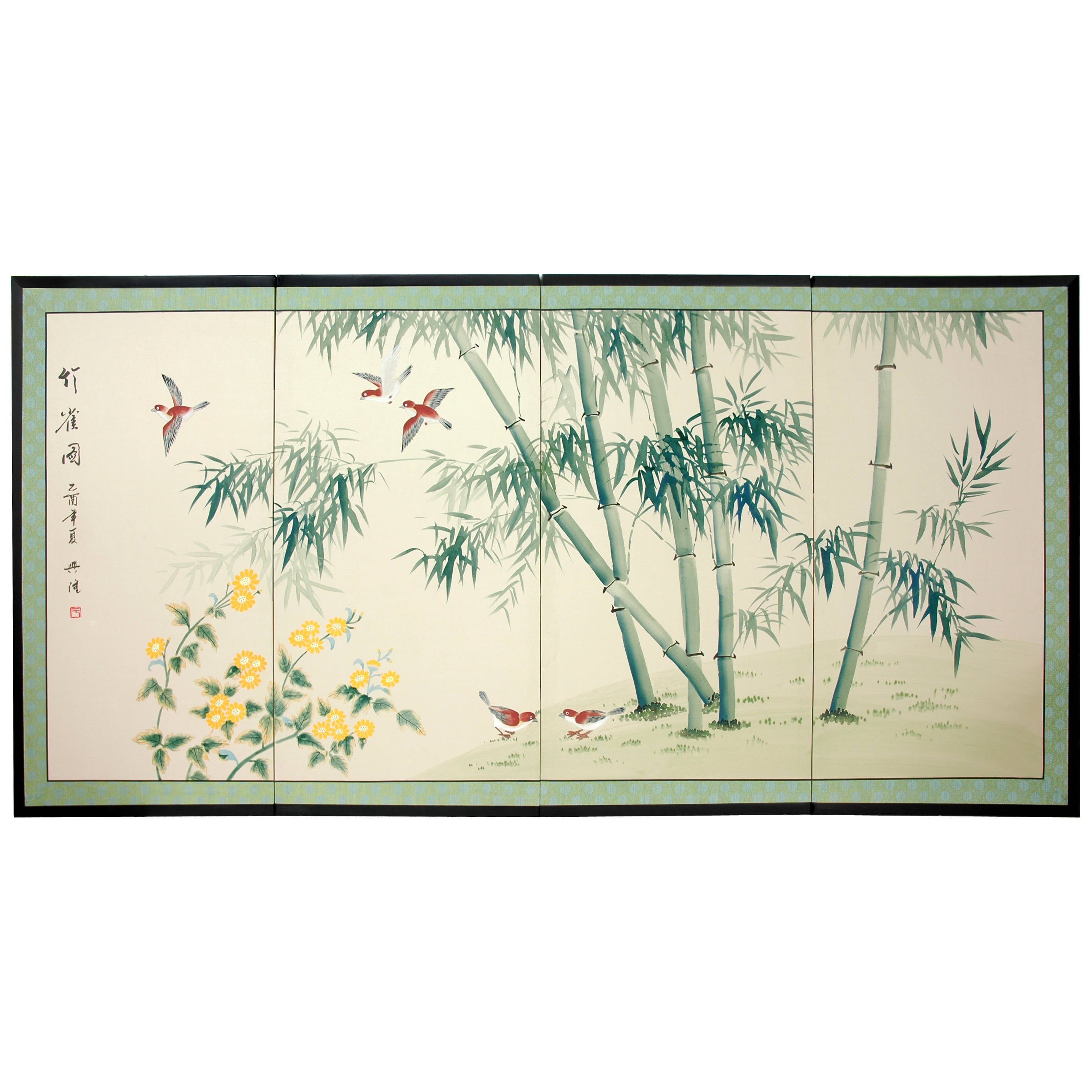 Bamboo And Five Birds Silk Painted Privacy Screen China