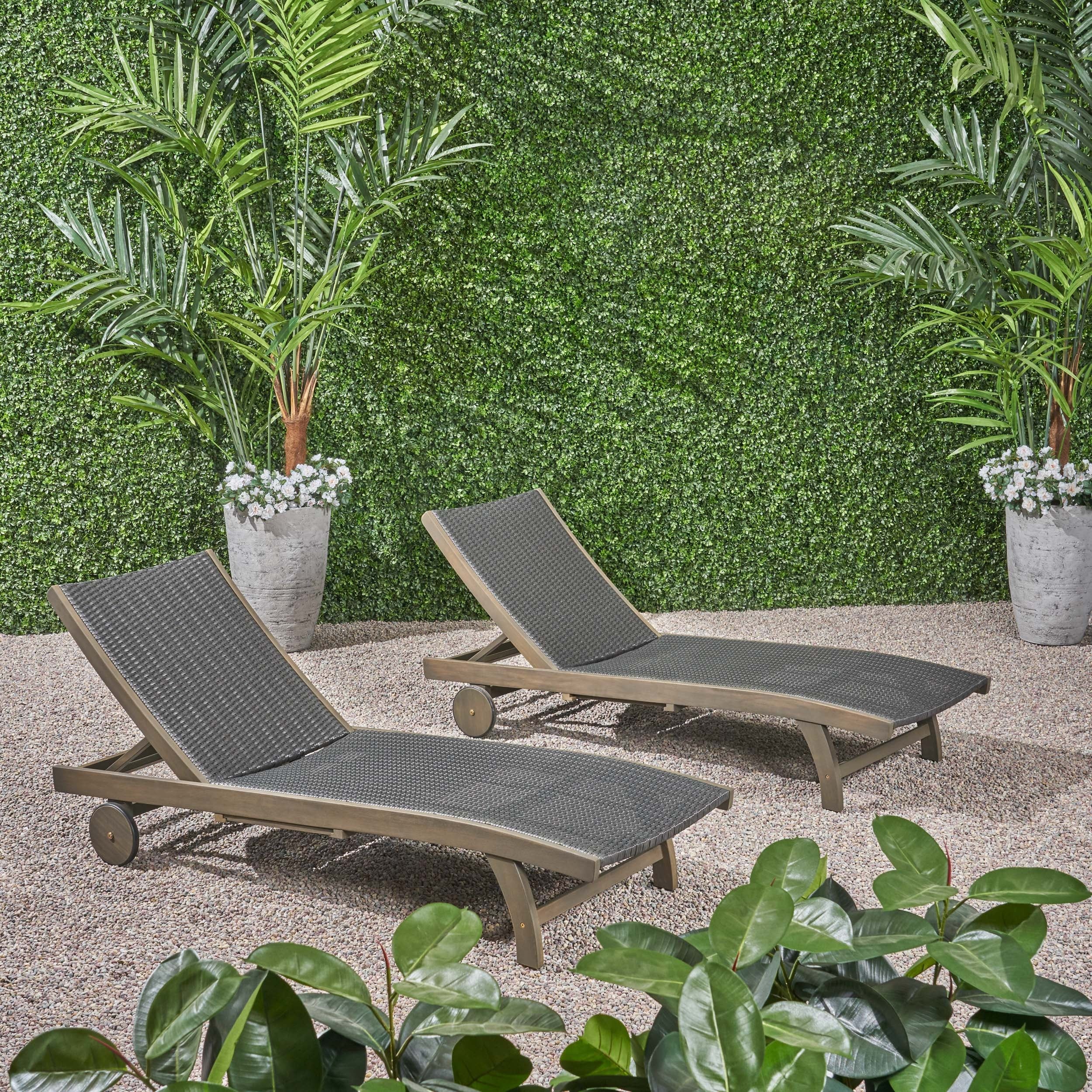 Banzai Outdoor Wicker And Wood Chaise Lounge With Pull Out Tray Set Of 2 By Christopher Knight Home