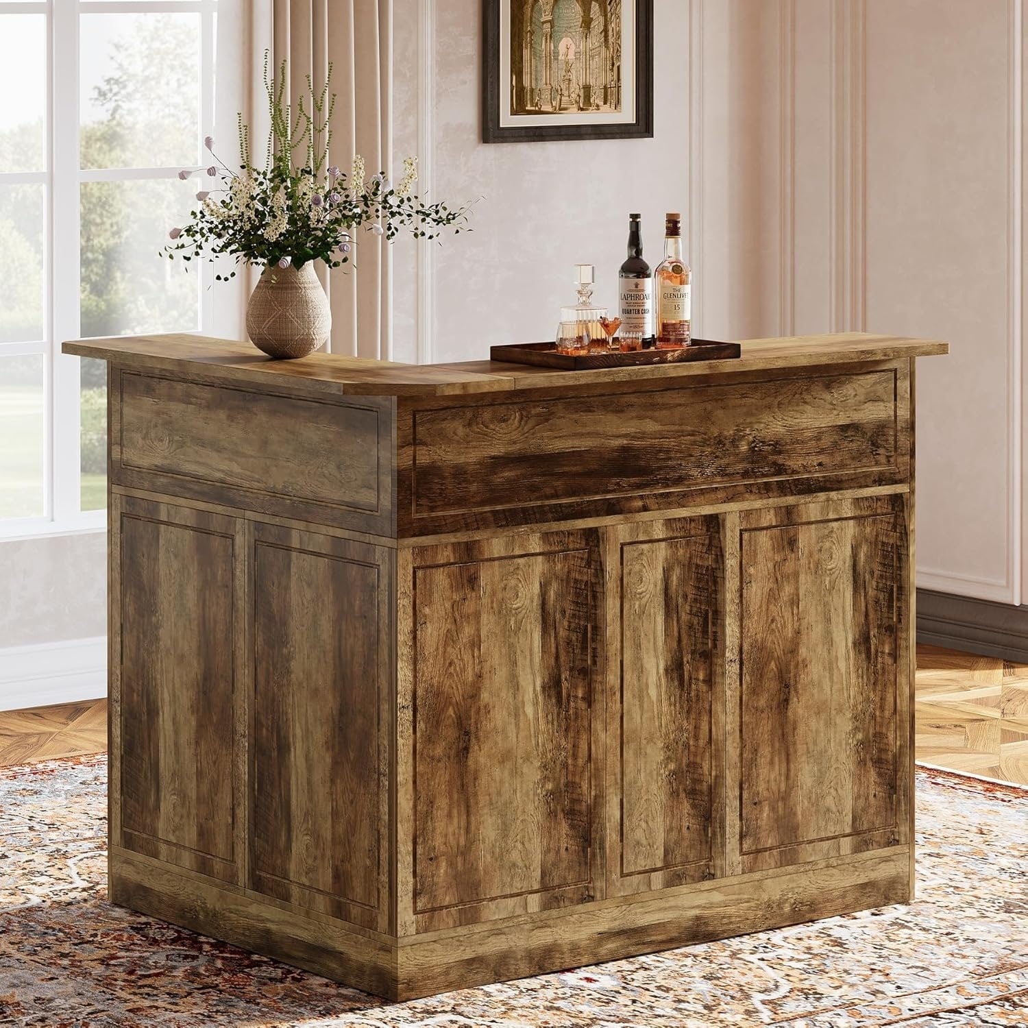 Bar Cabinet With Storage 4 Tier L Shaped Home Bar Table With Stemware Racks Corner Bar Unit Wine Bar Cabinet Reception Desk