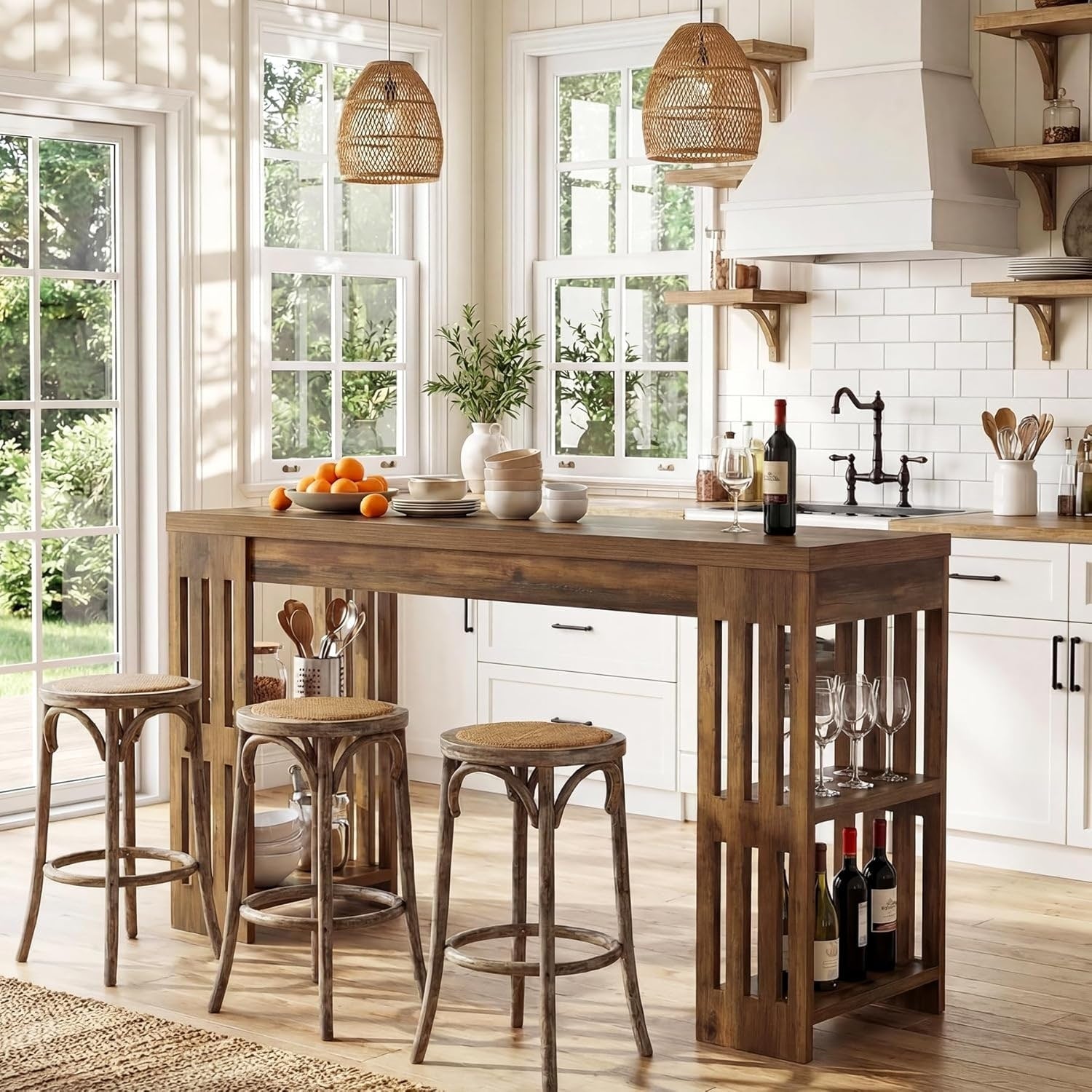Bar Table With Wine Rack 63 Inch Wooden Bistro Table Large Home Bar Unit Pub Table With Storage Shelves