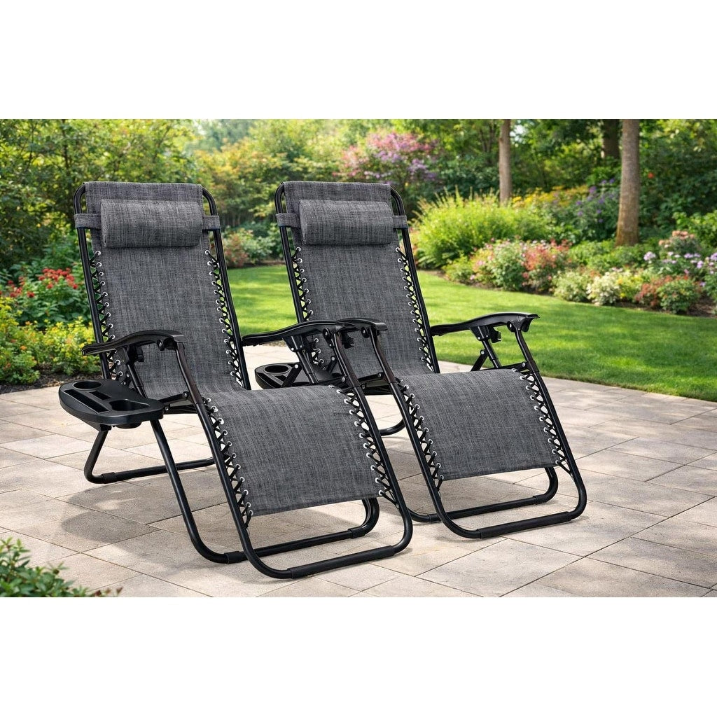 Barca Folding Zero Gravity Chairs Steel Sling Outdoor Lounge Chairs With Cup Holder With Set In Grey 2 Pack N A