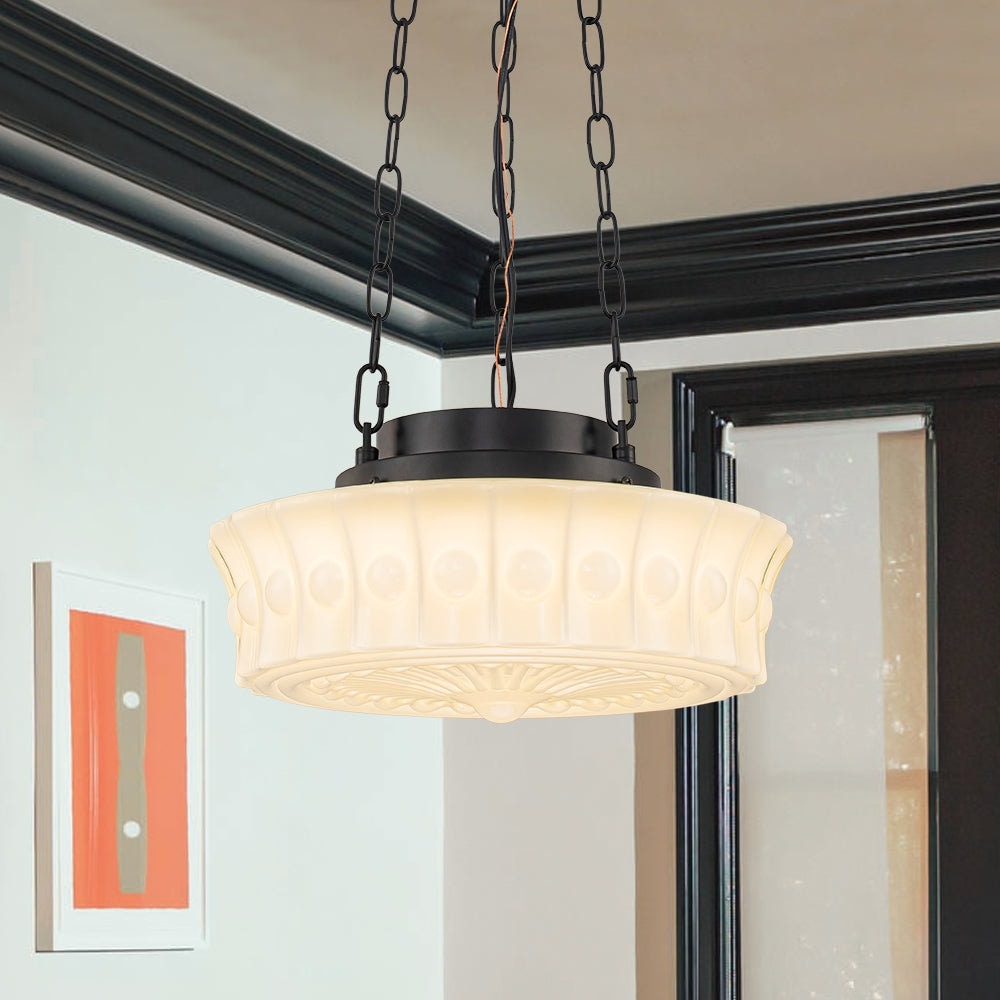 Baroque Decorative Round Embossed Opal Glass Shade Led Pendant 13.8 Inches