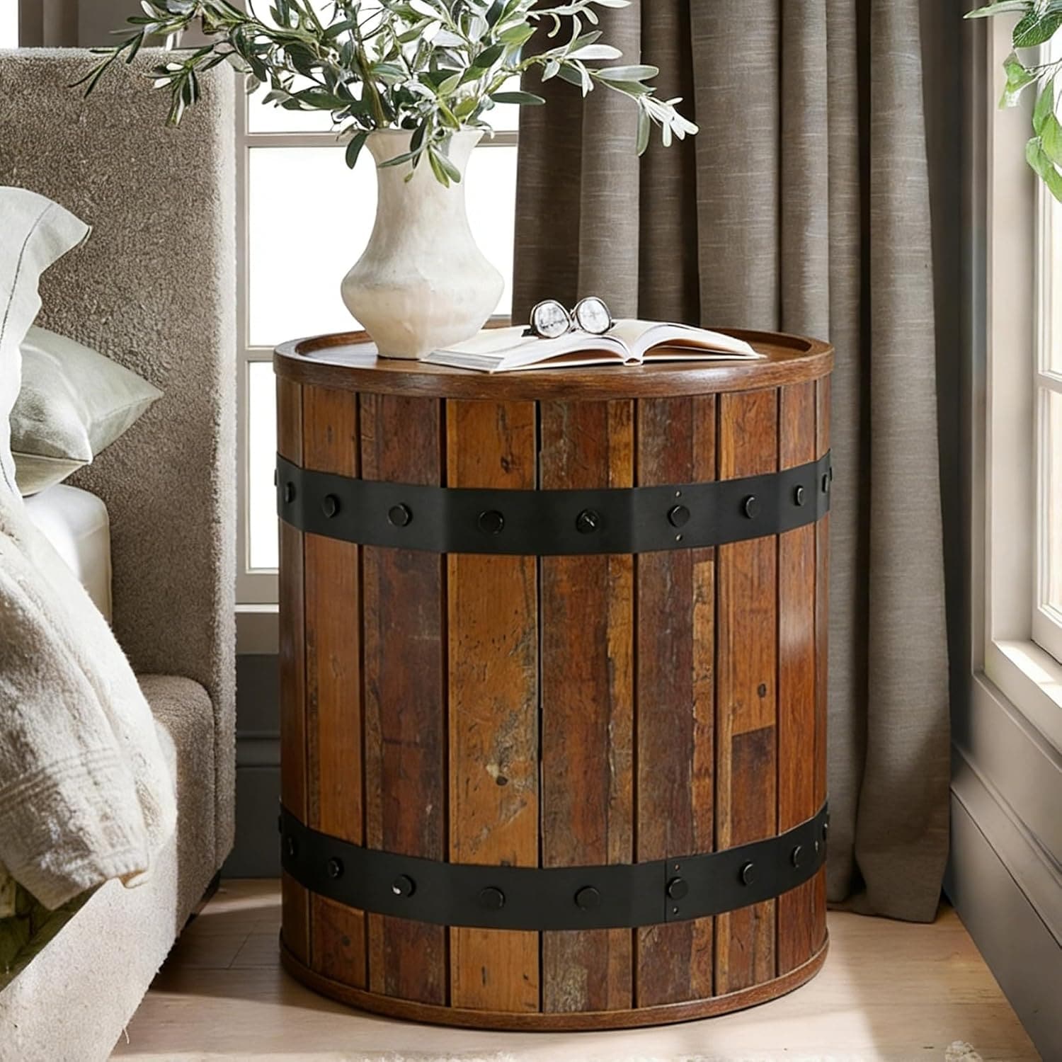 Barrel End Table With Hidden Storage 19.68 Round Side Table With Removable Lid Sofa Side Bedside Nightstand For Living Room