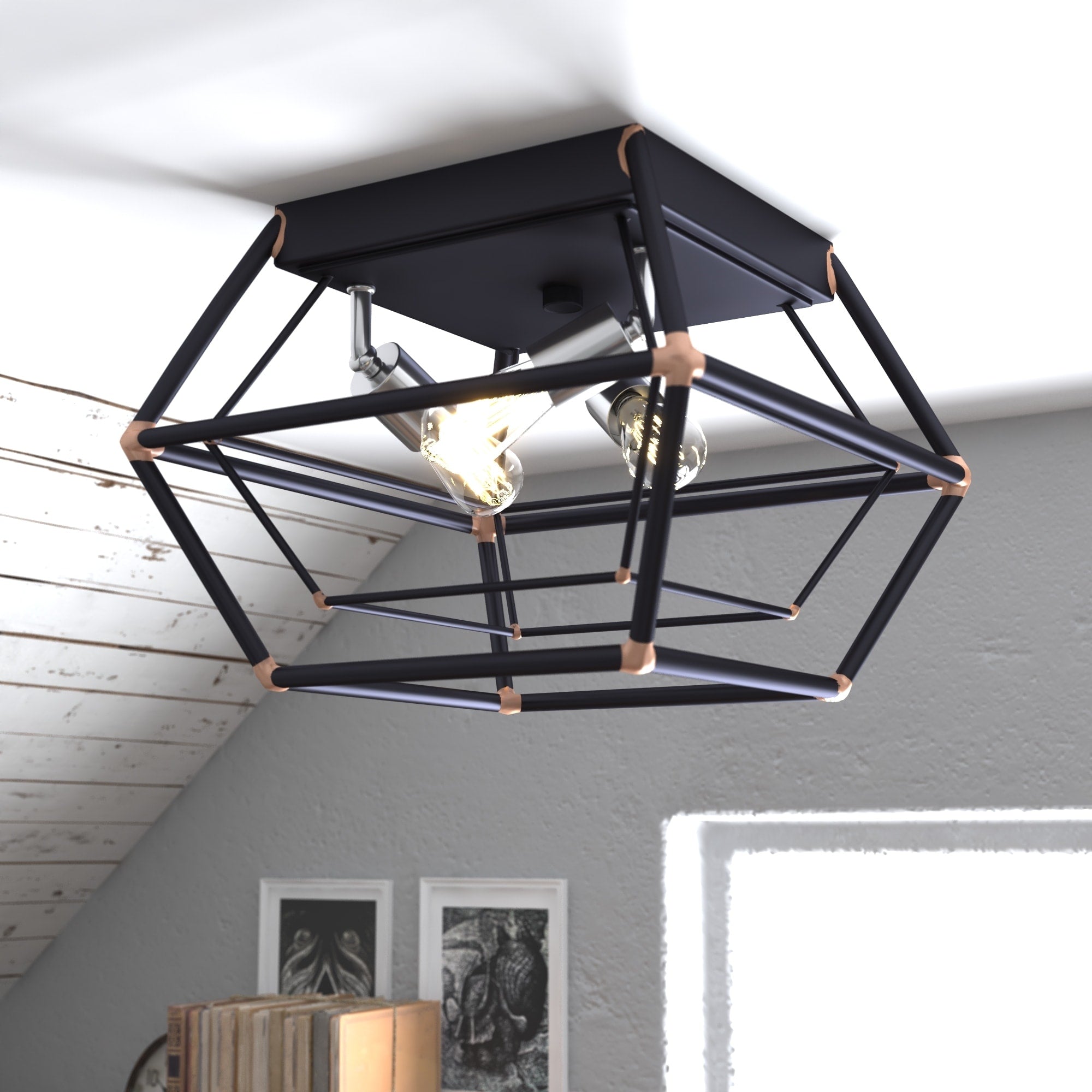 Bartlett 18 In W Bronze Industrial Cage Flush Mount Ceiling Light Fixture 18 In. W X 8.75 In. H X 18 In. D