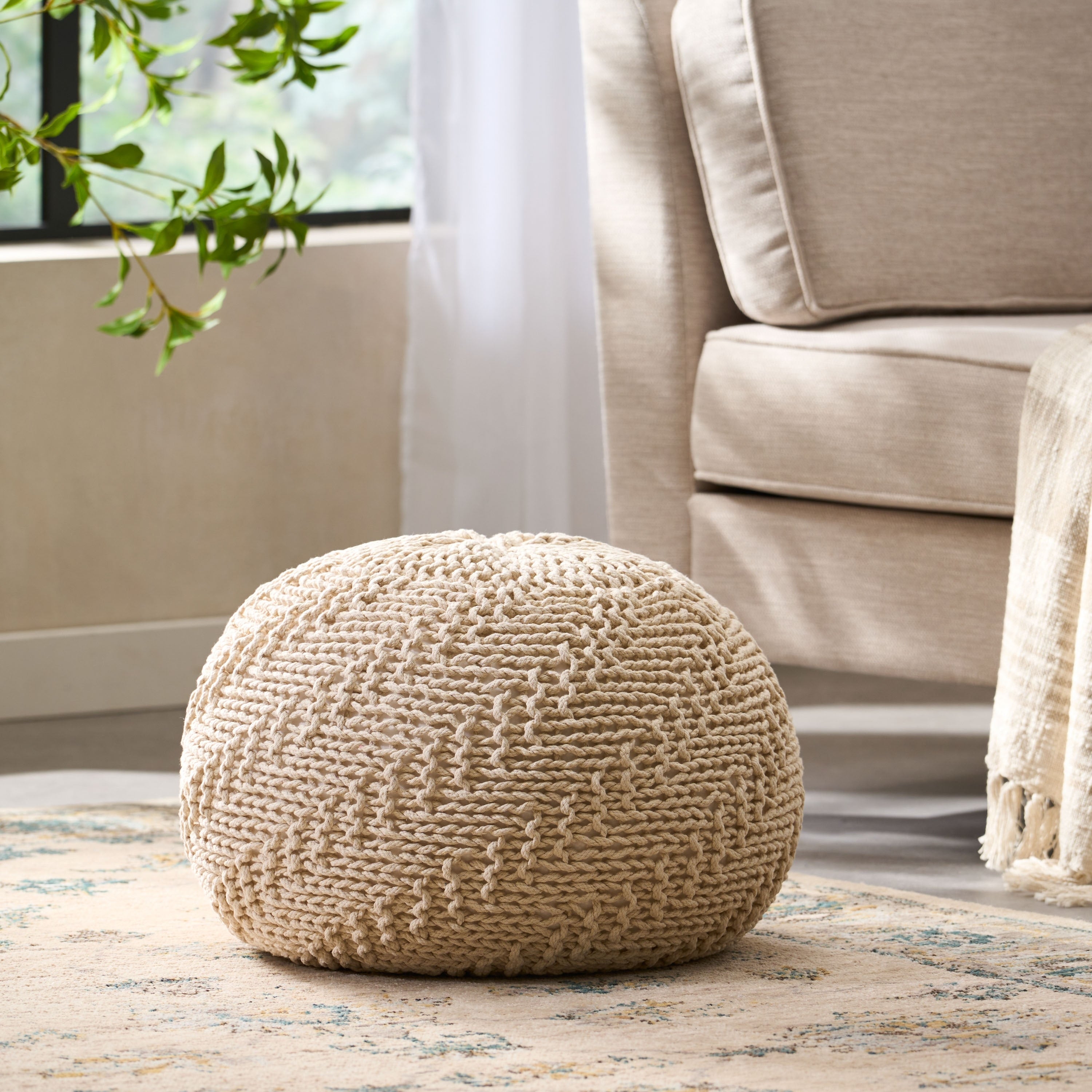 Barwick Modern Knitted Cotton Round Pouf By Christopher Knight Home