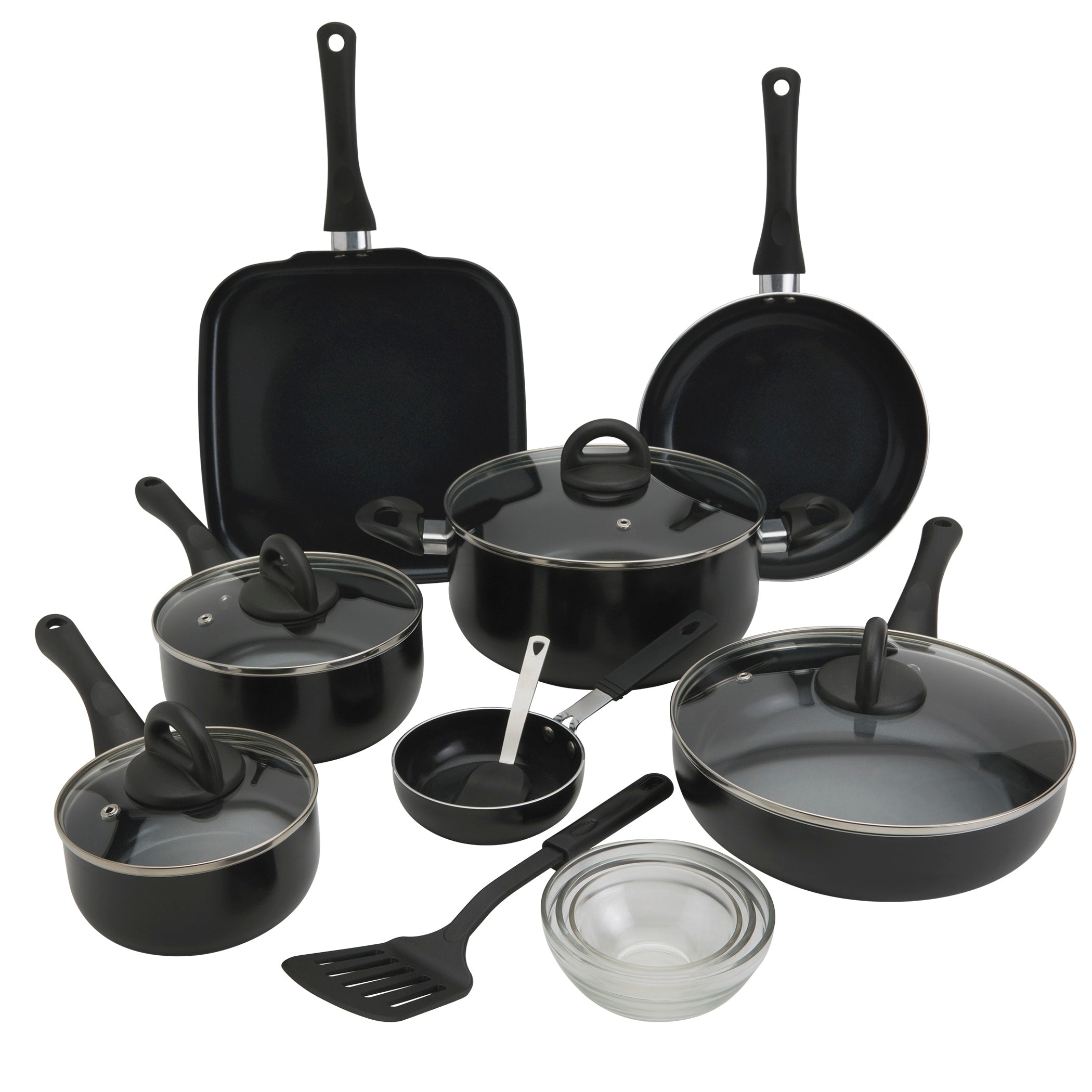Basic Essentials 16 Piece Nonstick Aluminum Cookware Set With Mini Egg Pan Black