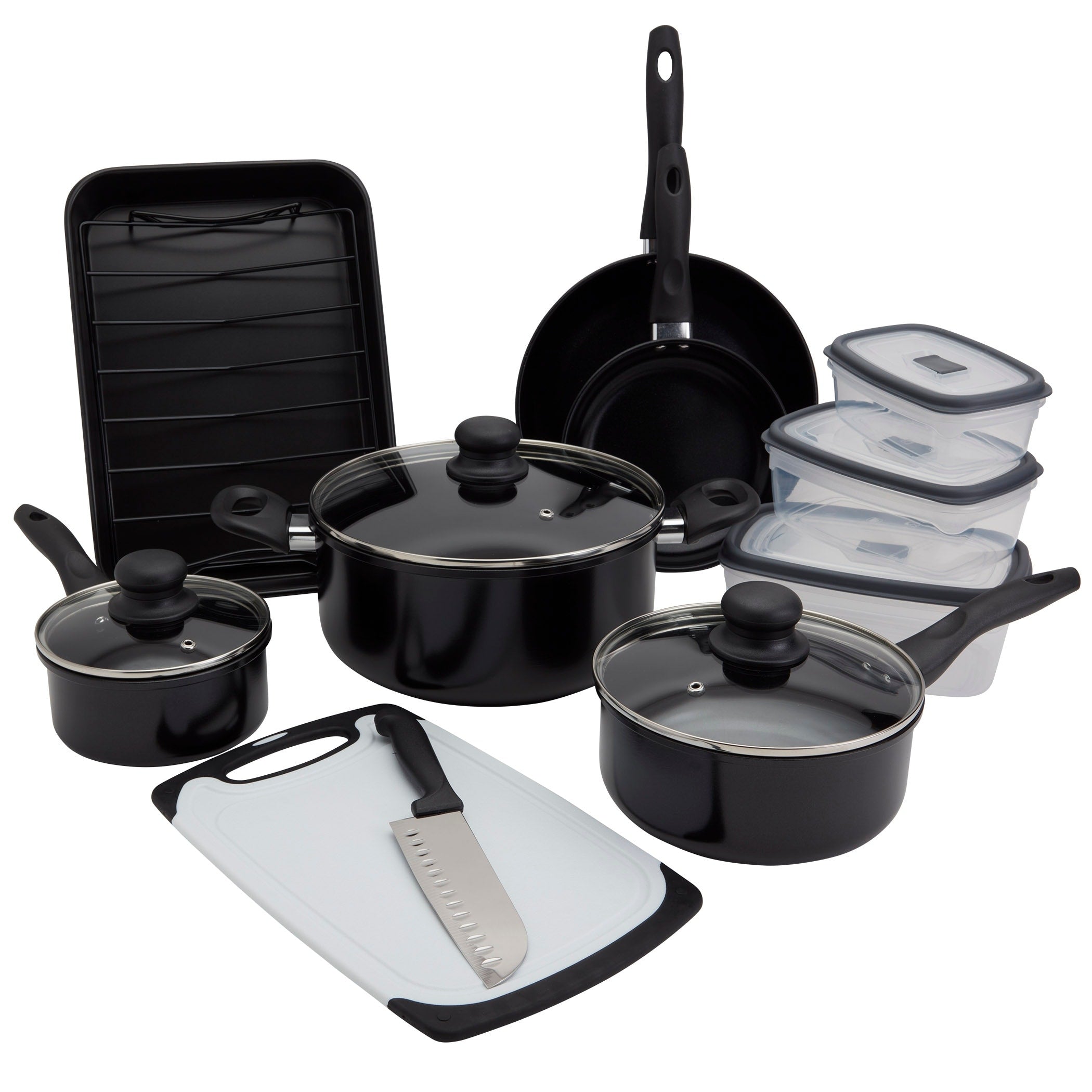 Basic Essentials 18 Piece Nonstick Aluminum Cookware Set With Roaster And Removable Rack