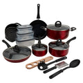 Basic Essentials 20 Piece Nonstick Aluminum Cookware Set With Strainer Pasta Utensils And Storage Containers Red