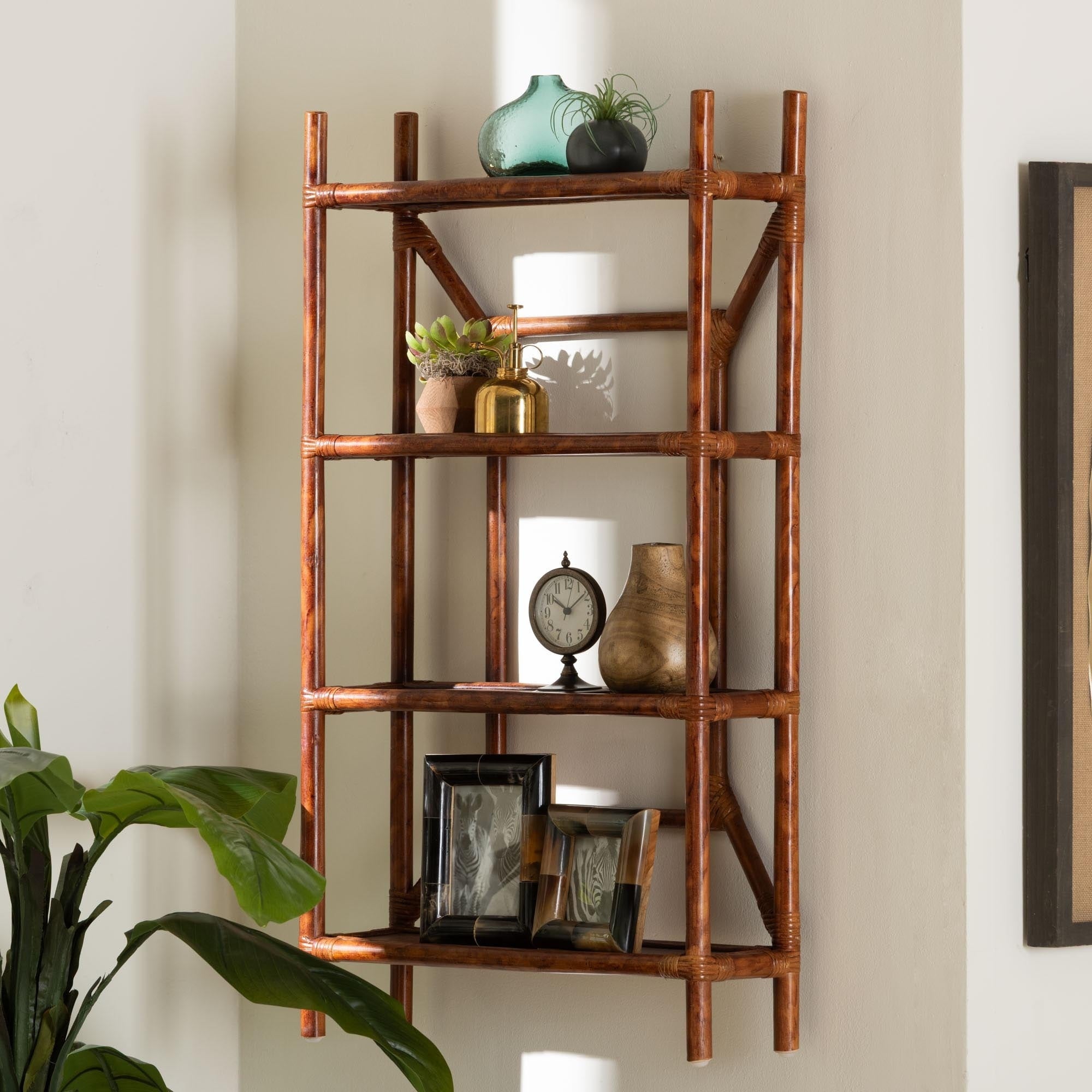 Basile Marbled Tortoise Rattan 4 Tier Wall Display Shelf Decorative Floating Wicker Storage Organizer For Living Room